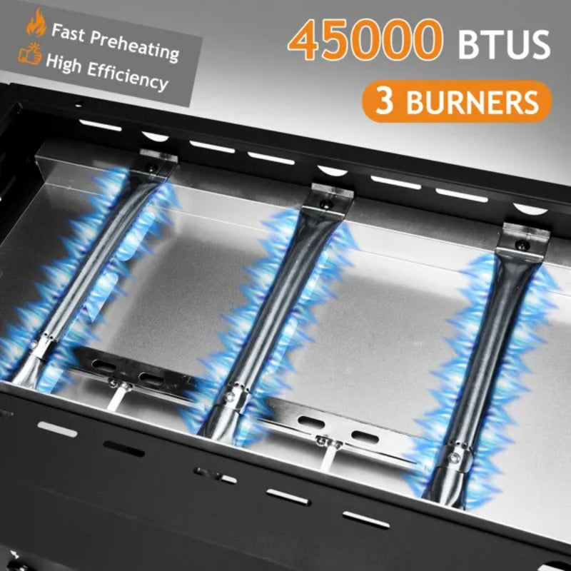 3-Burner Flat Top Gas Griddle with Ceramic Coated Cast Iron Pan