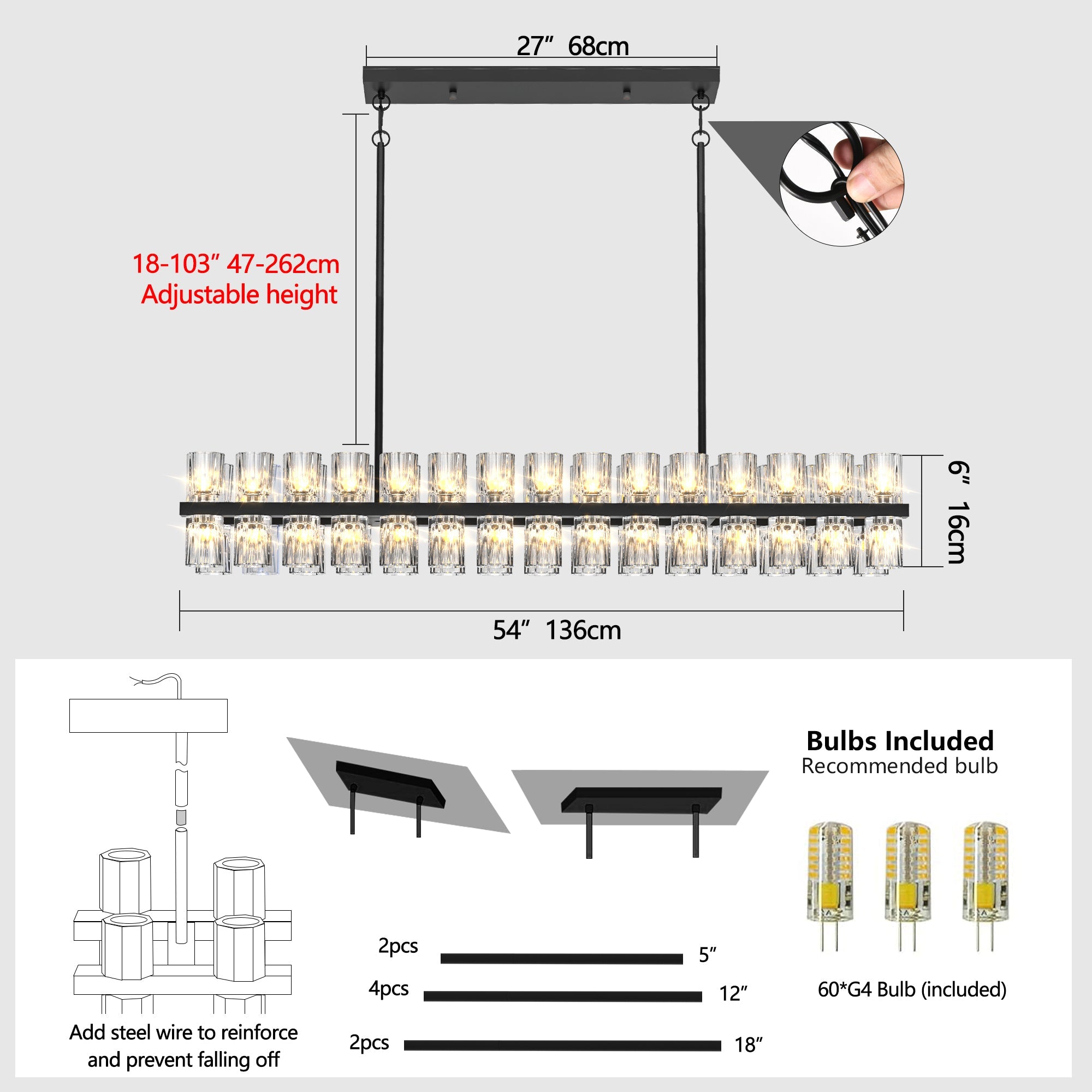 Rectangular Luxurious Crystal Chandelier for Living Room & Dining