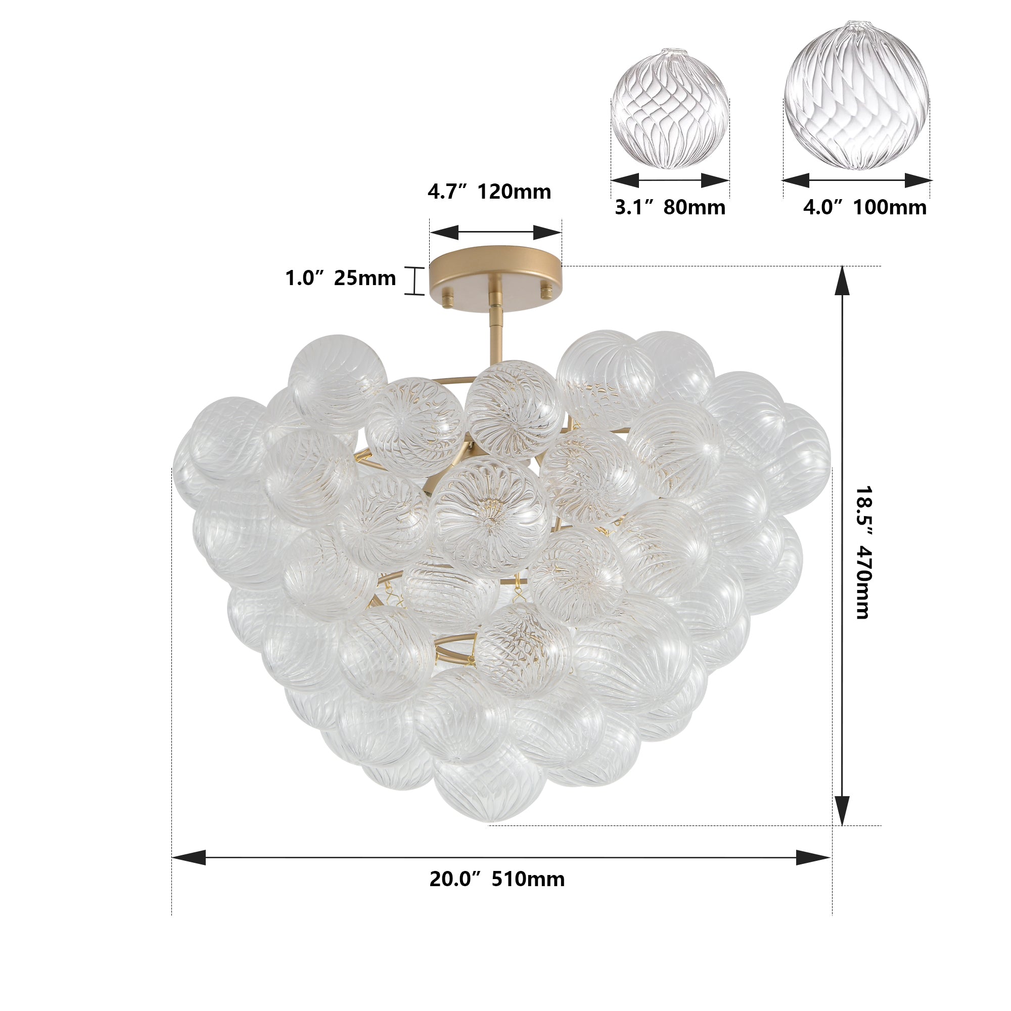 20-Inch Gold Ceiling Pendant Light with Threaded Clear Glass Globe