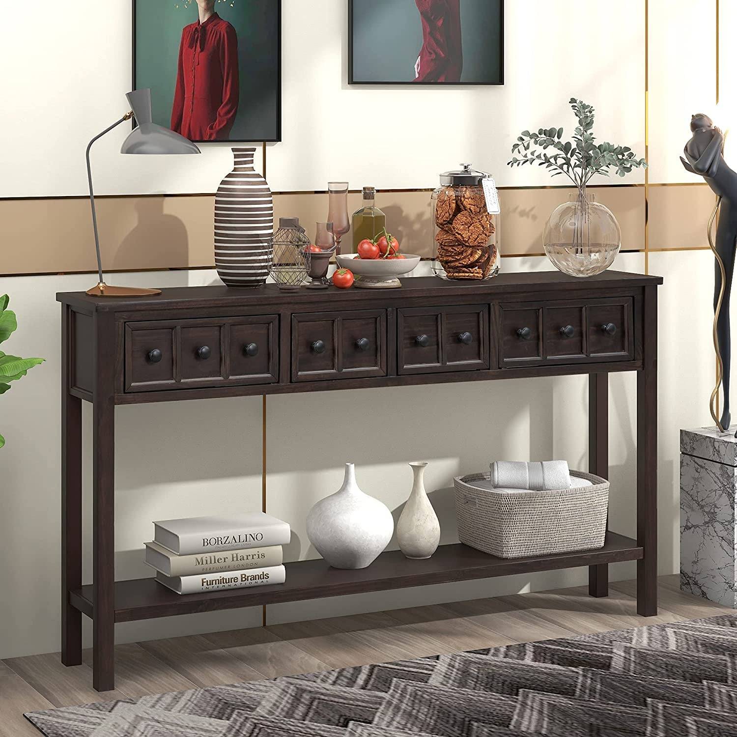 Rustic Console Table with Drawers and Shelf