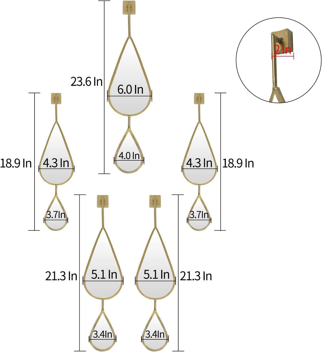 Wall Mirror Decorative Mirrors Mounted Decor Tear Drop Shape Gold for