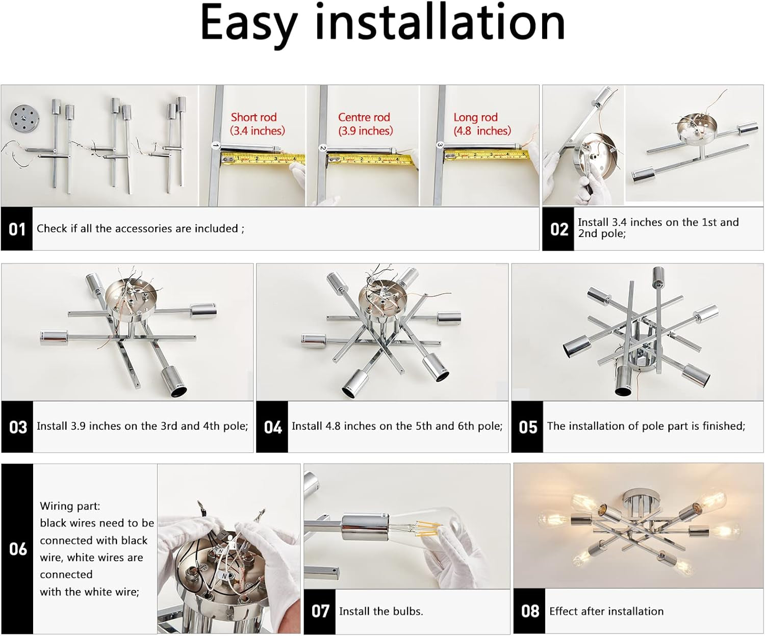 6-Lights Semi Flush Mount Ceiling Light Fixture Modern Chrome Matte