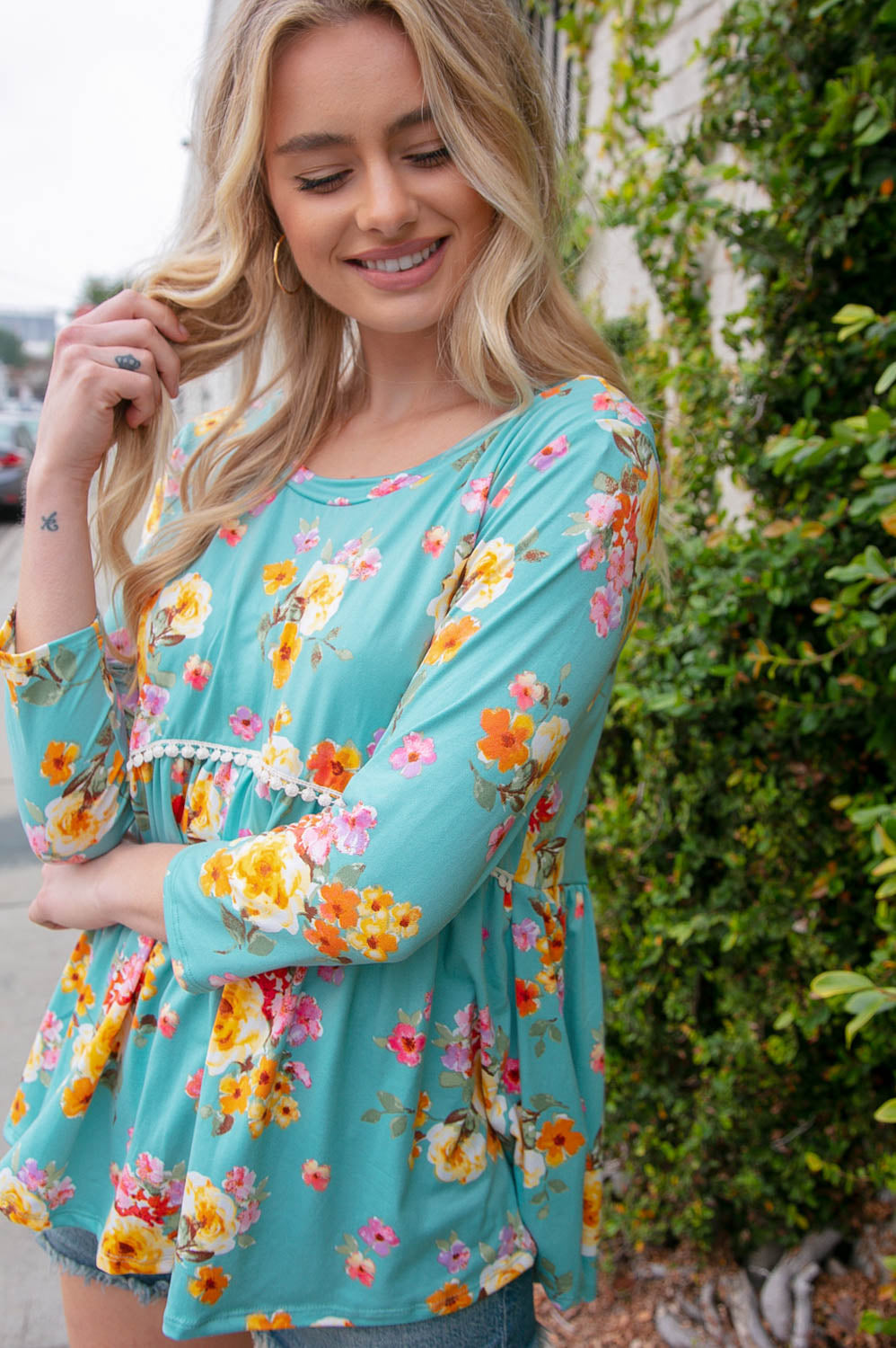 Mint Three-Quarter Sleeve Floral Peplum Babydoll Top