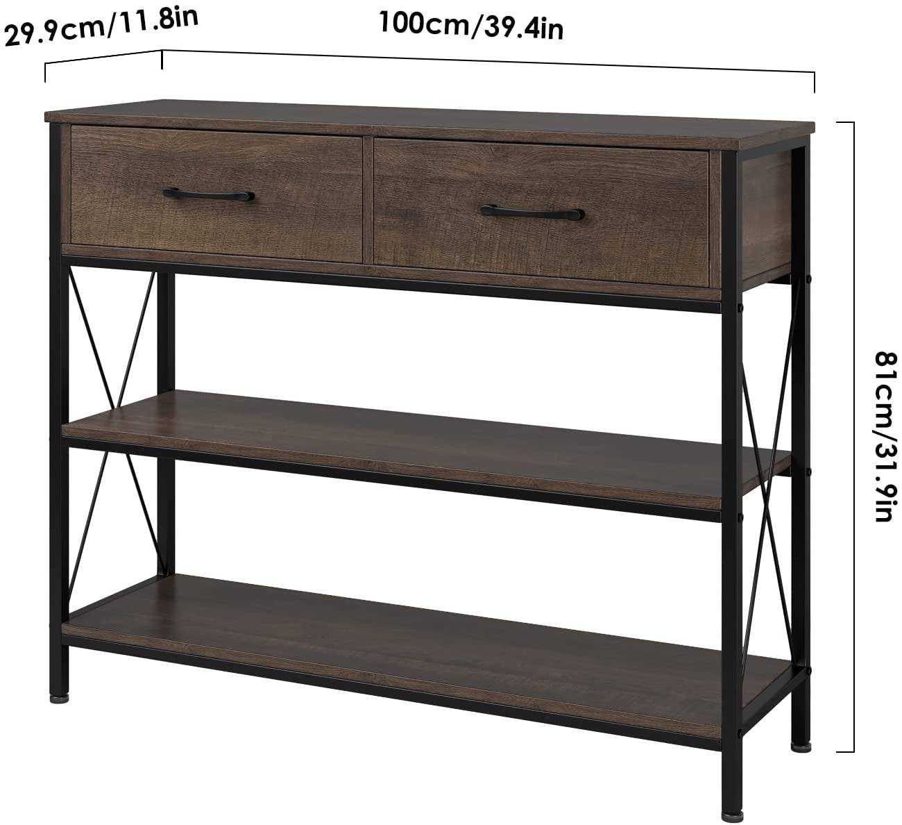 Vintage Industrial Sofa Table with Drawers and Shelves