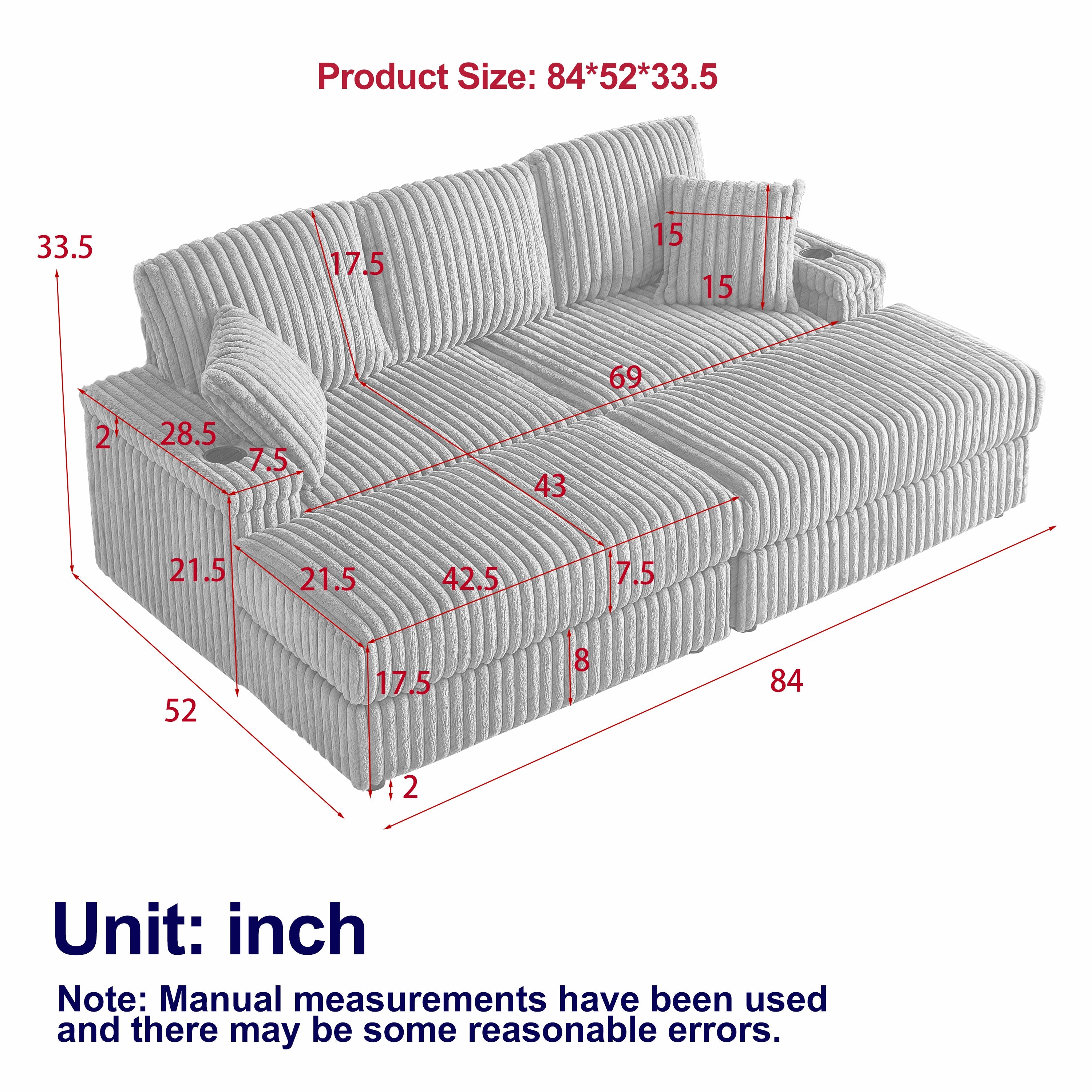 84Inch Corduroy 3-seater sofa With 3 back pillows ,2 toss pillows , a