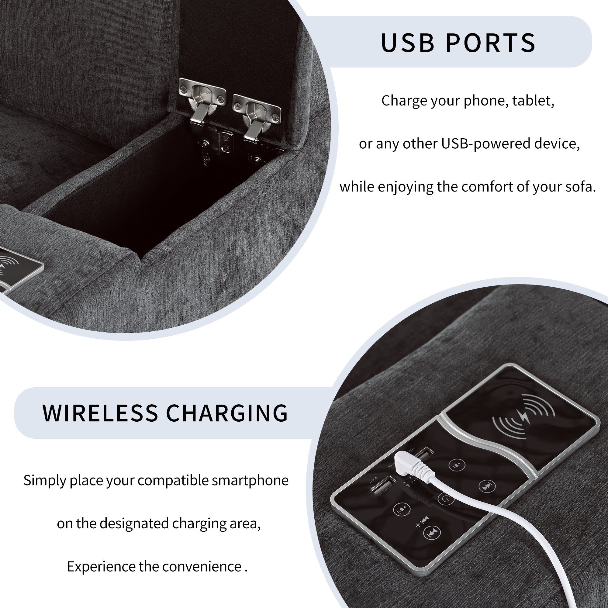 Upholstered Modular Sofa with with Storage Space, USB Charge