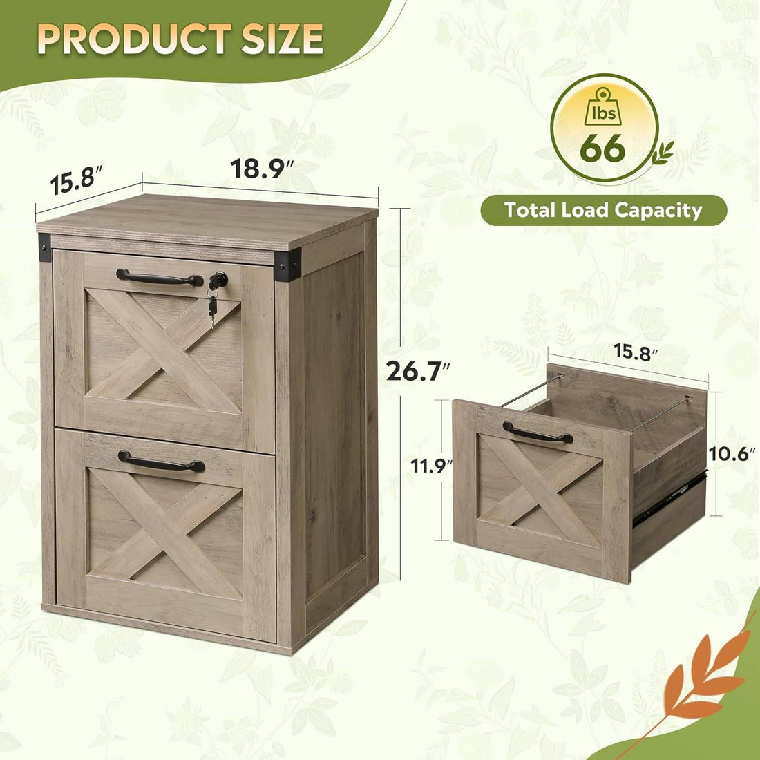 2 Drawer File Cabinet with Lock, Wood Farmhouse Filing Cabinet for