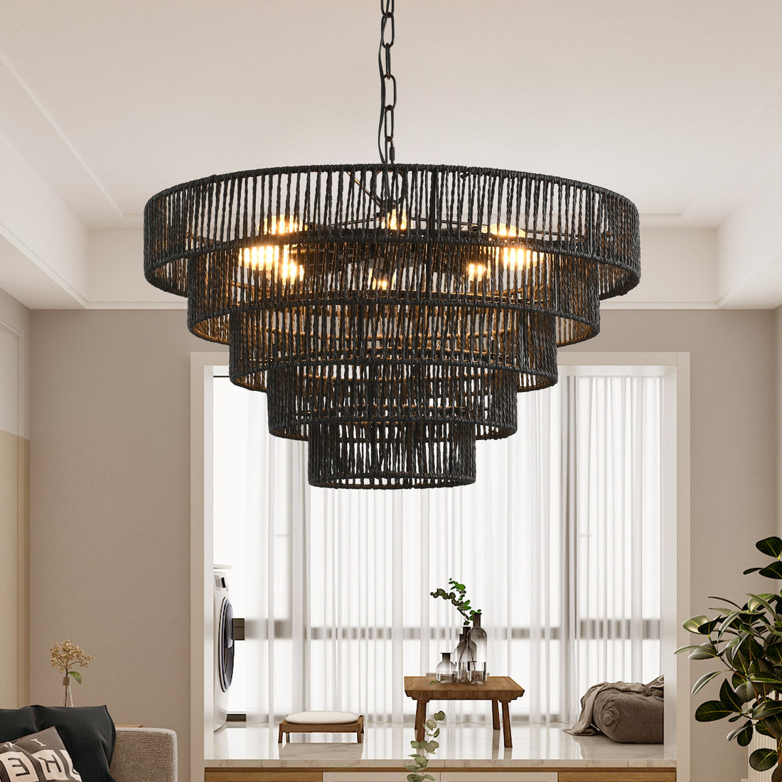 Rustic 5-Tier Black Hemp Rope Chandelier with 8 E12 Sockets, UL Listed
