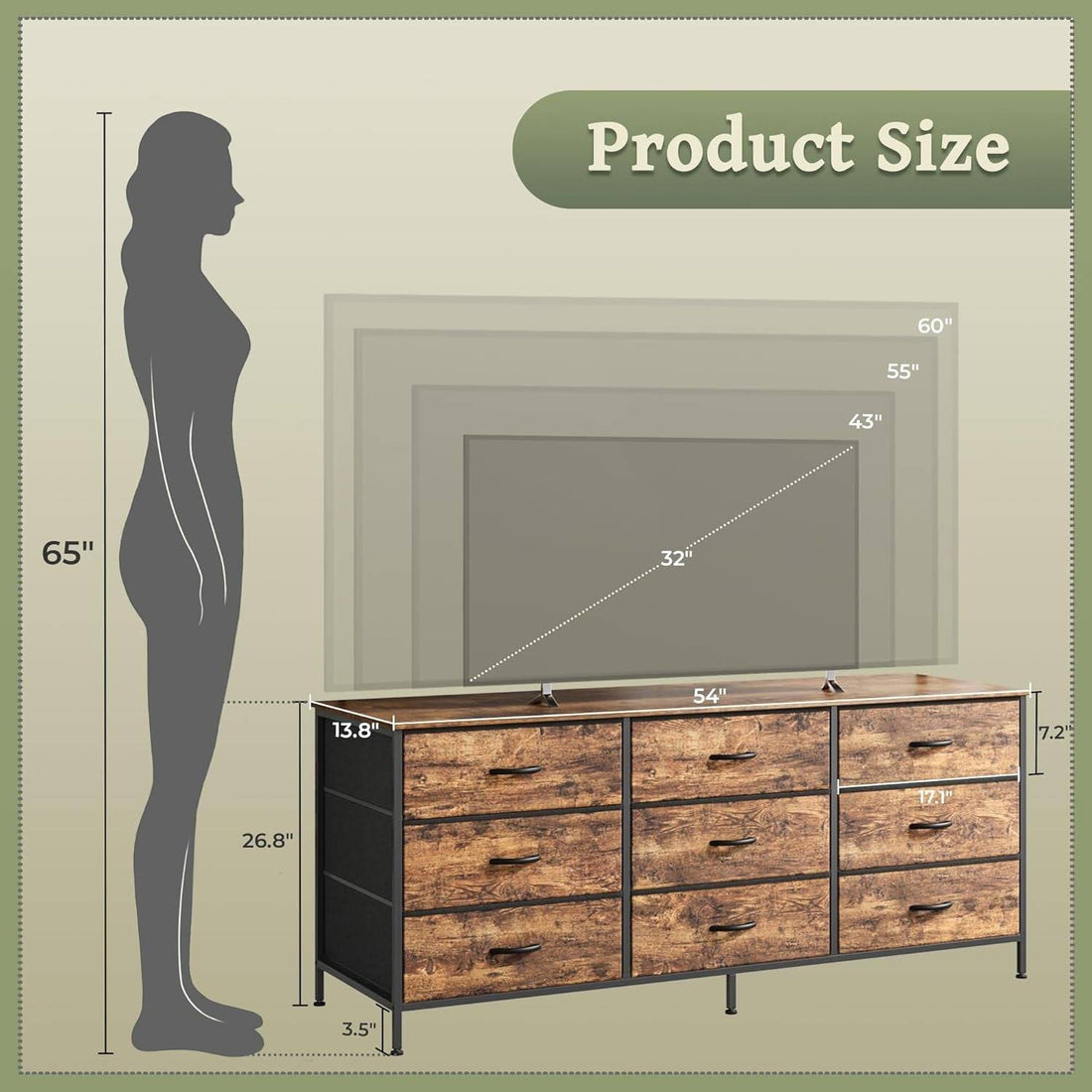 9 Drawer Dresser, 55 Inch Dresser TV Stand for 55, 60 Inch TV,