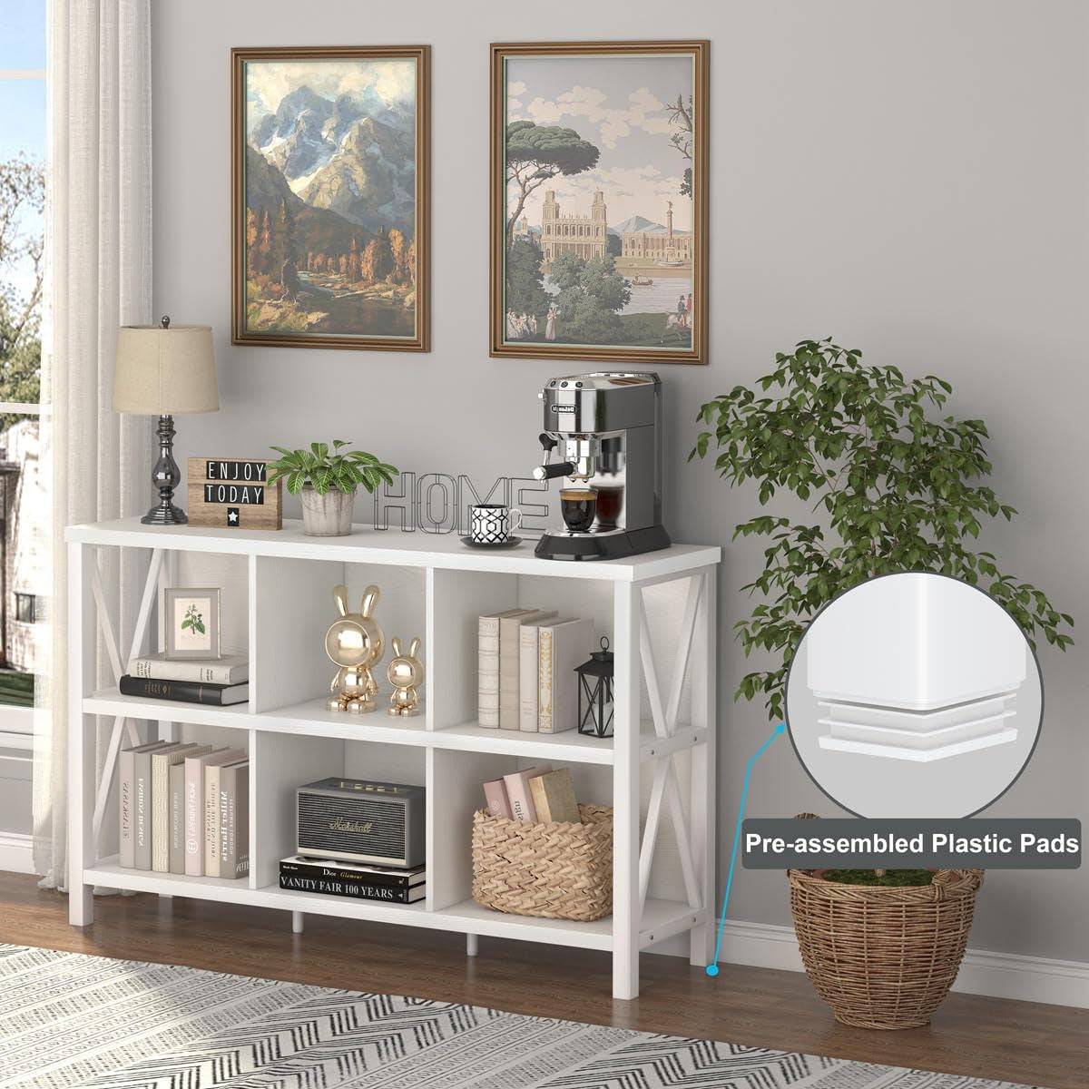 6 Cube Storage Organizer with Shelf, Long Wood and Metal Cubby