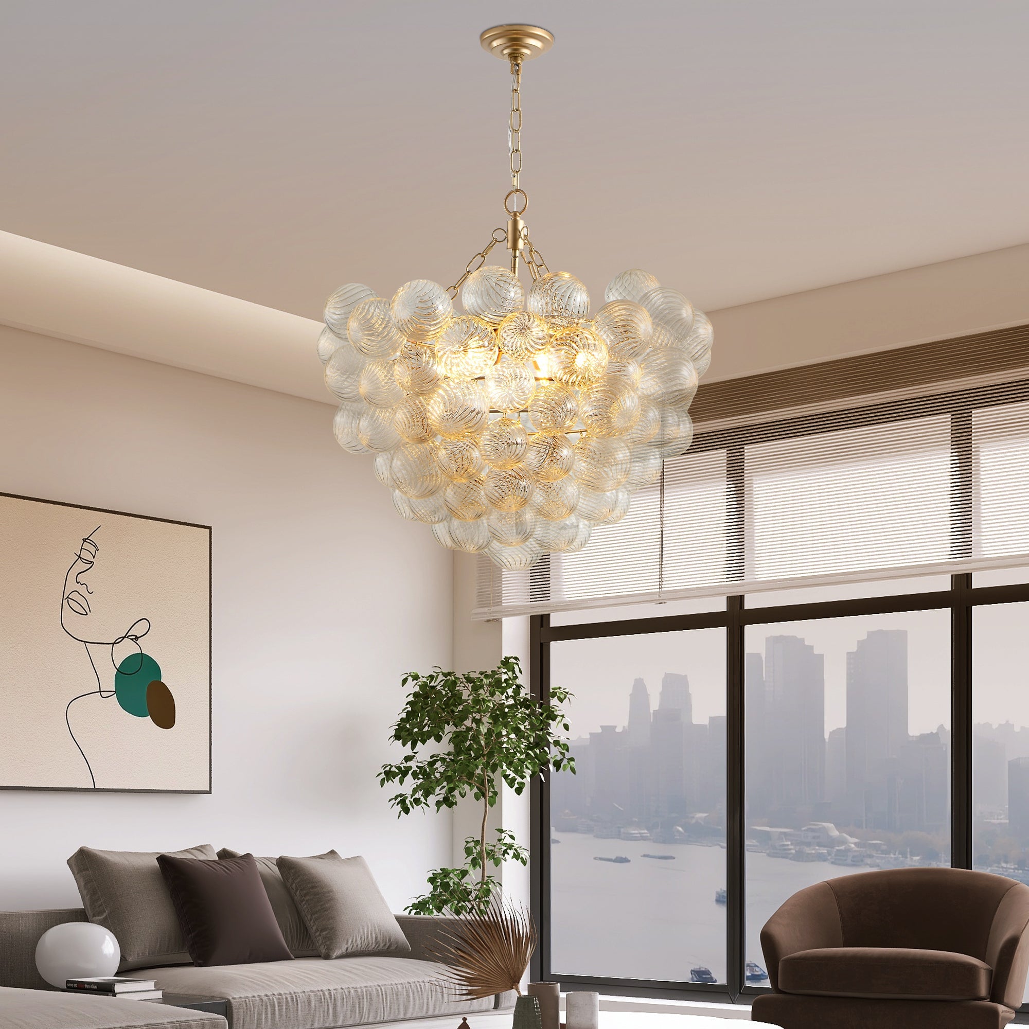 23.6-Inch Gold Pendant Light Chandelier with Threaded Clear Glass