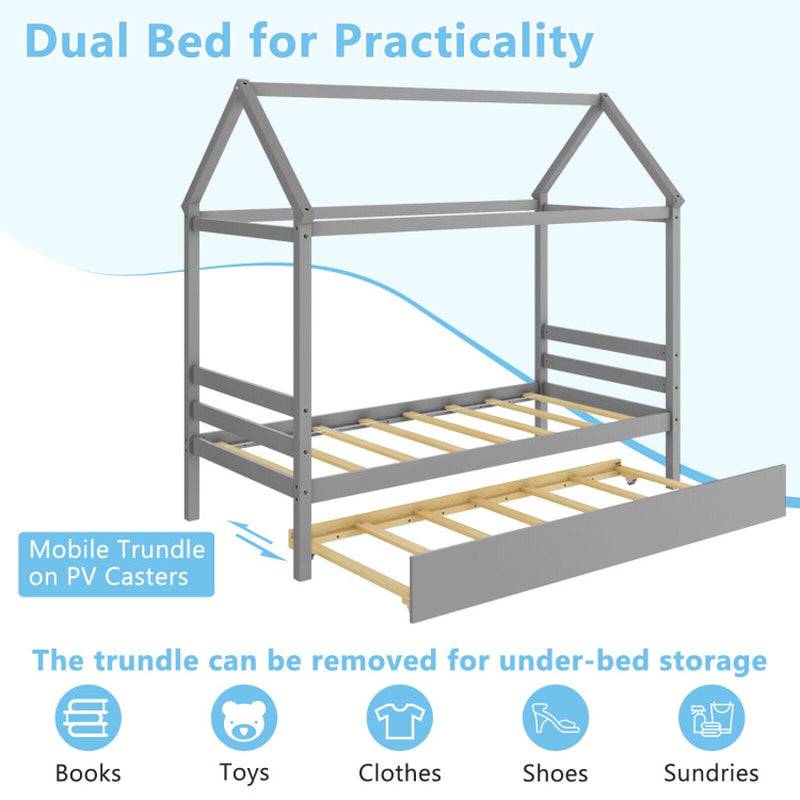 Kids Platform Bed Frame with Roof for Bedroom