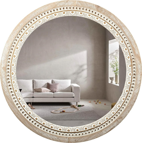 30-Inch Wooden Round Mirrors for Wall Decor, Farmhouse Rustic Large