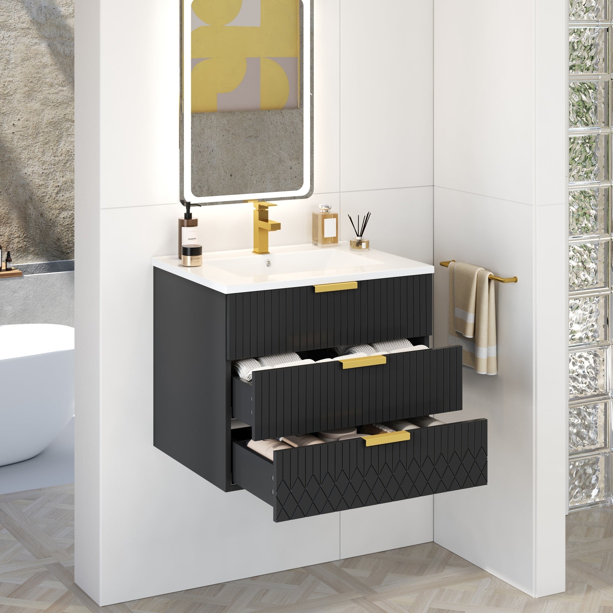 24inch Wall Mounted Floating Cabinet w/Double Drawer, Floating