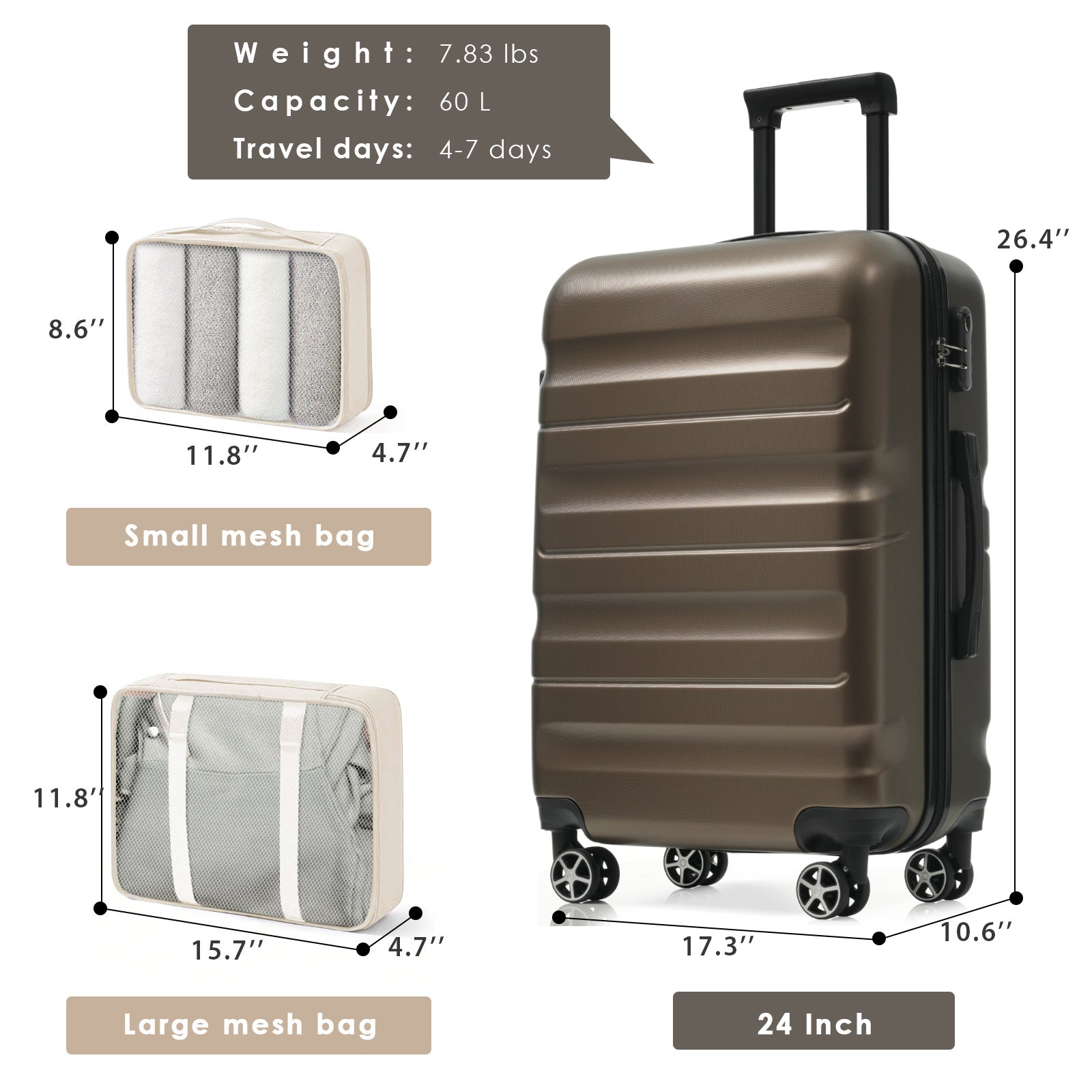 Hardshell ABS Luggage Set, 24-Inch Checked Suitcase with Spinner
