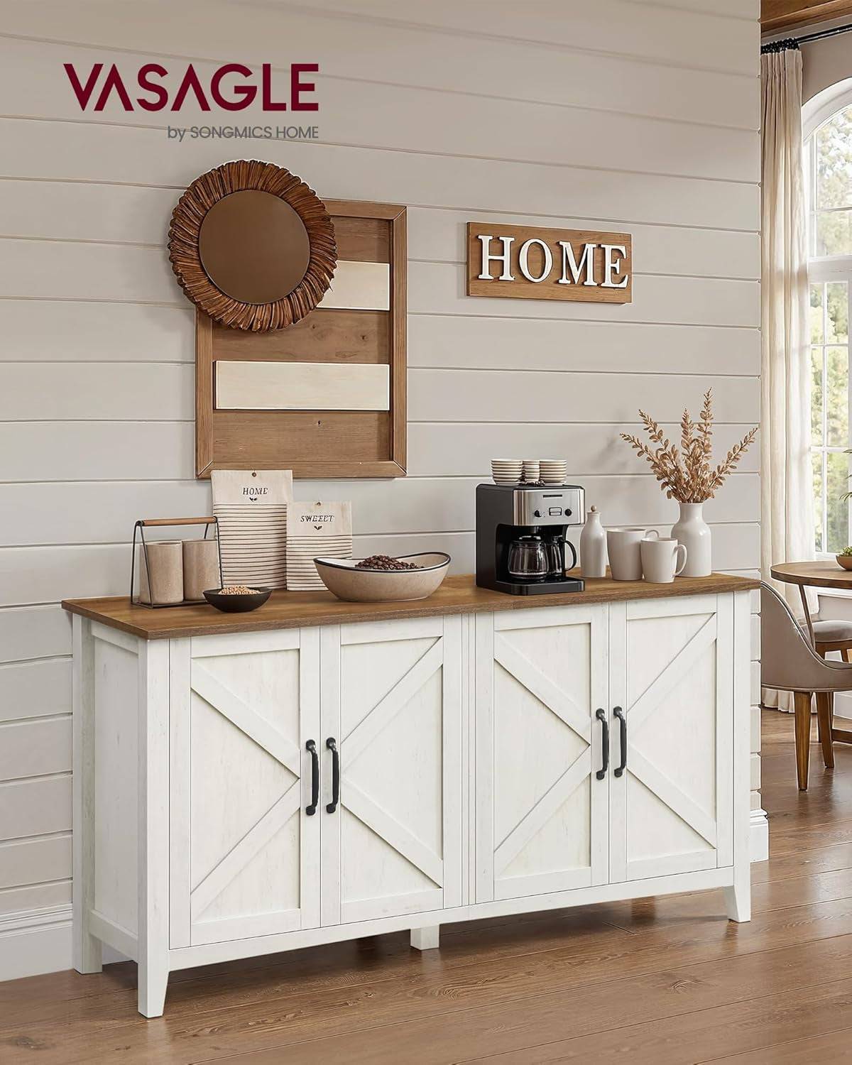 Rustic White Honey Brown Buffet Cabinet with Shelves