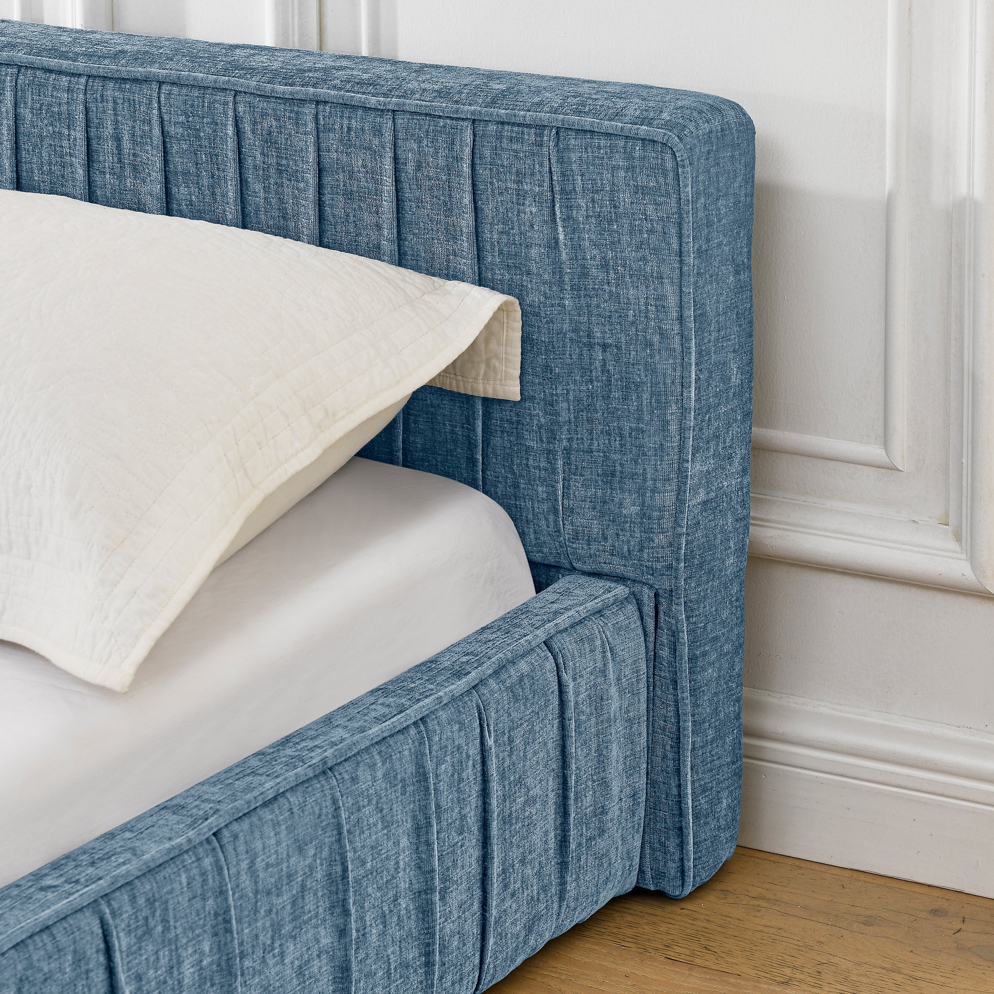 Modern Queen Size Upholstered Bed Frame with Pleated Chenille Fabric
