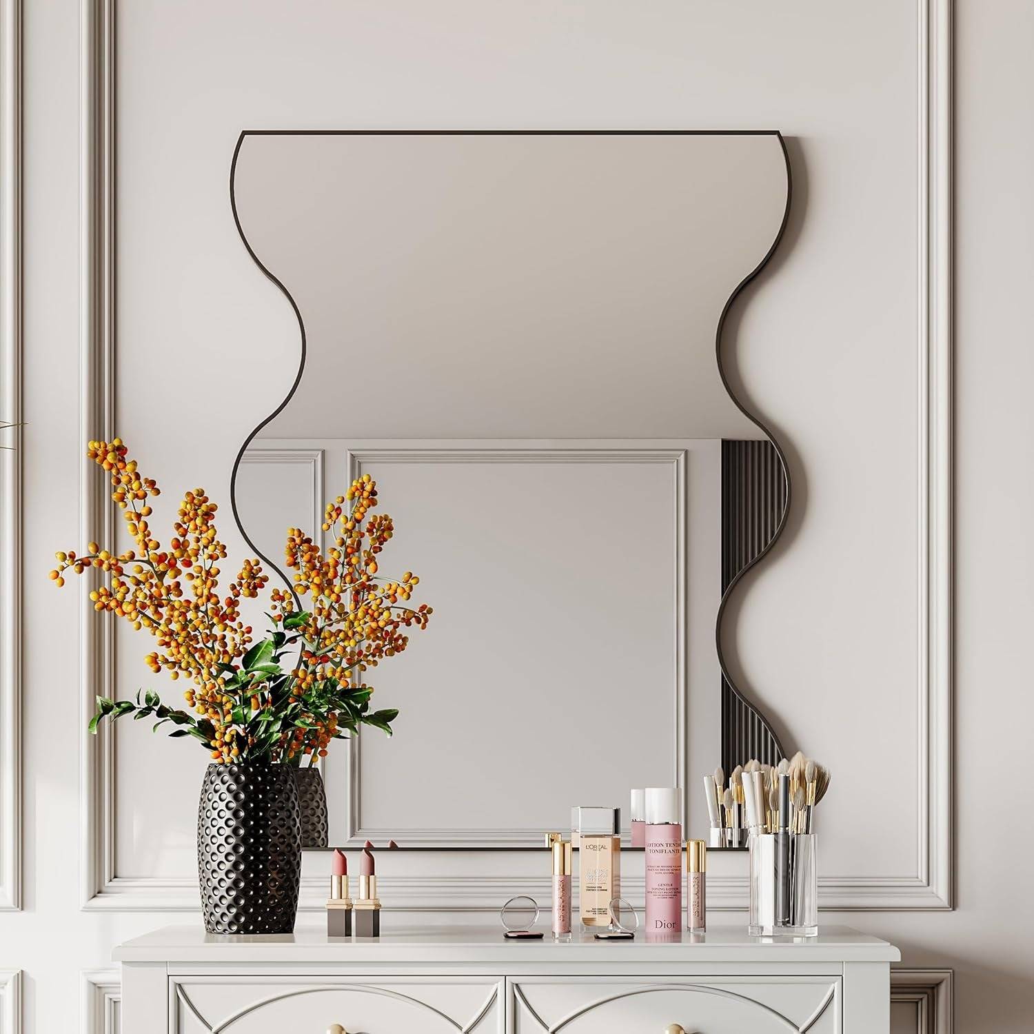 30X35 Inch Irregular Black Metal Framed Bathroom Mirror with Wavy