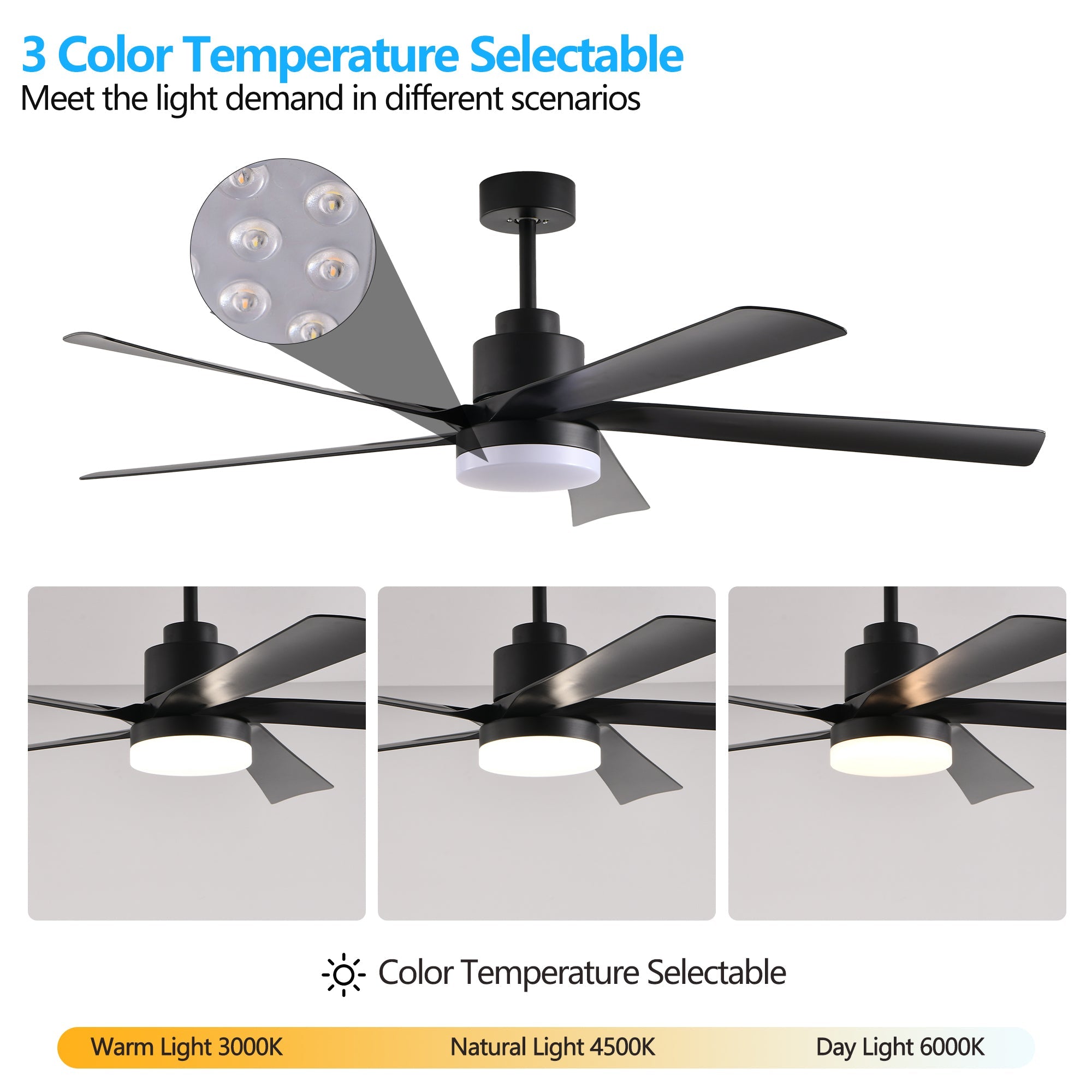 65 Inch Black Ceiling Fan with Light, 5-Blade Dimmable LED Ceiling Fan