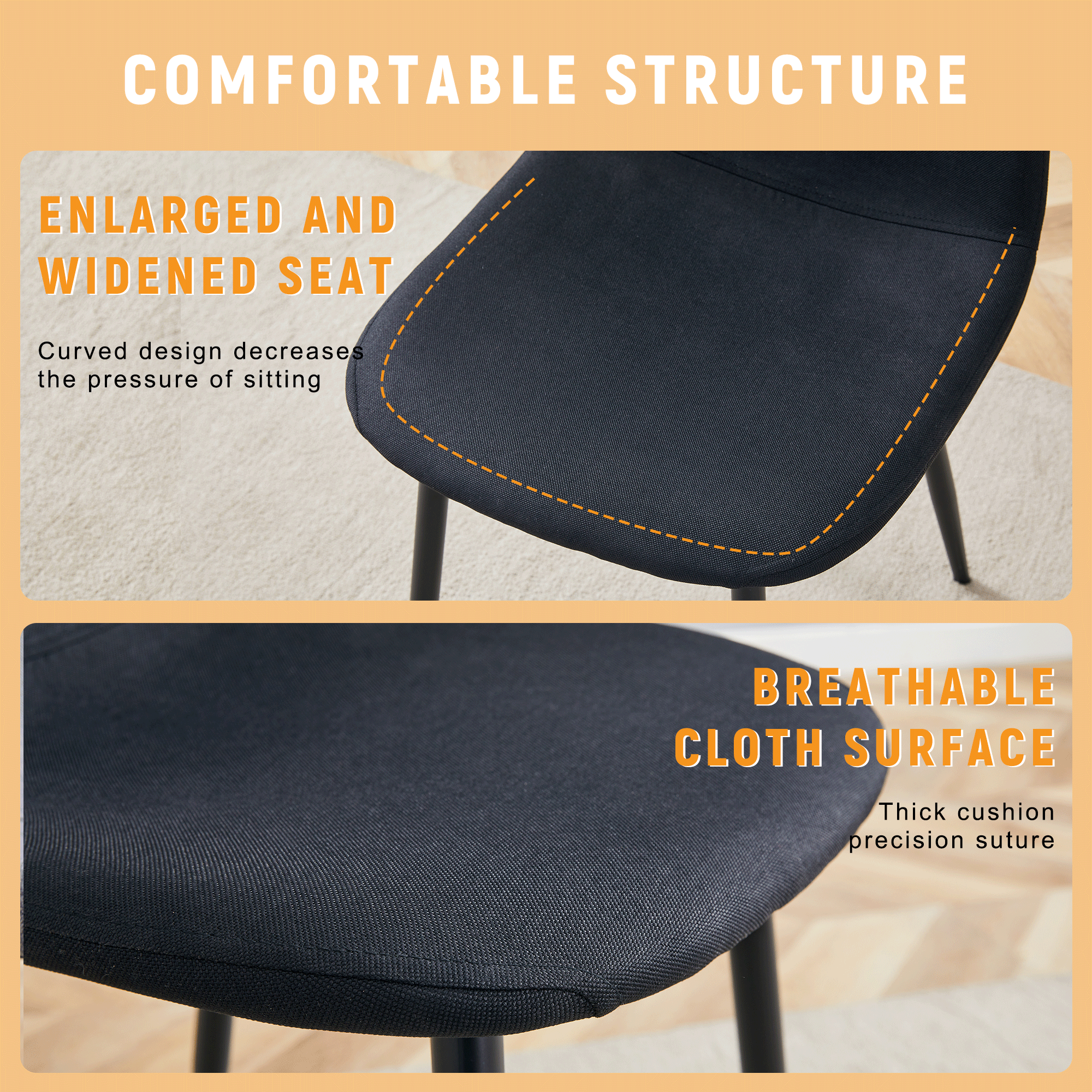 Luxury Simple Chair - Set of 4 BLACK Linen-Cotton Material High