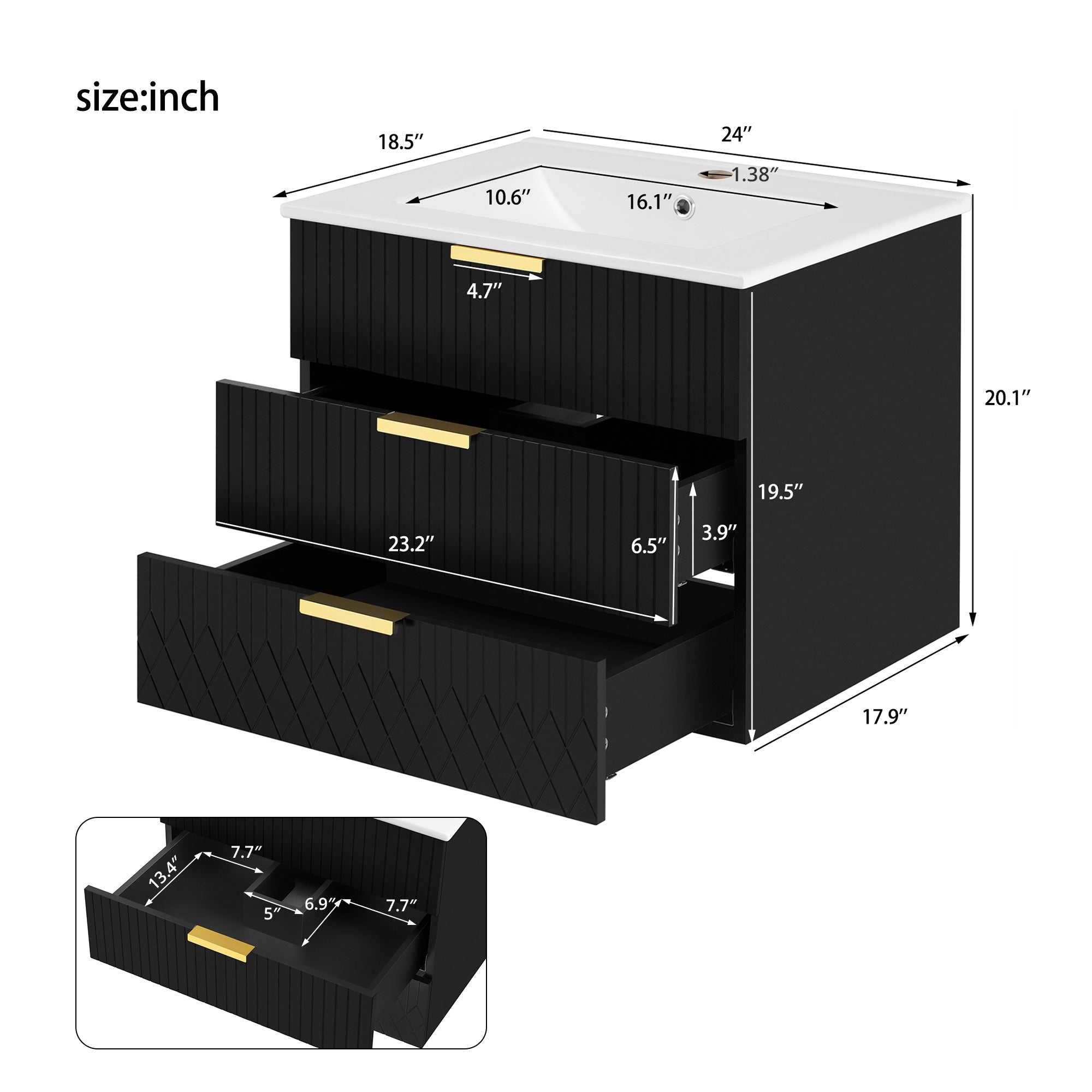 24inch Wall Mounted Floating Cabinet w/Double Drawer, Floating