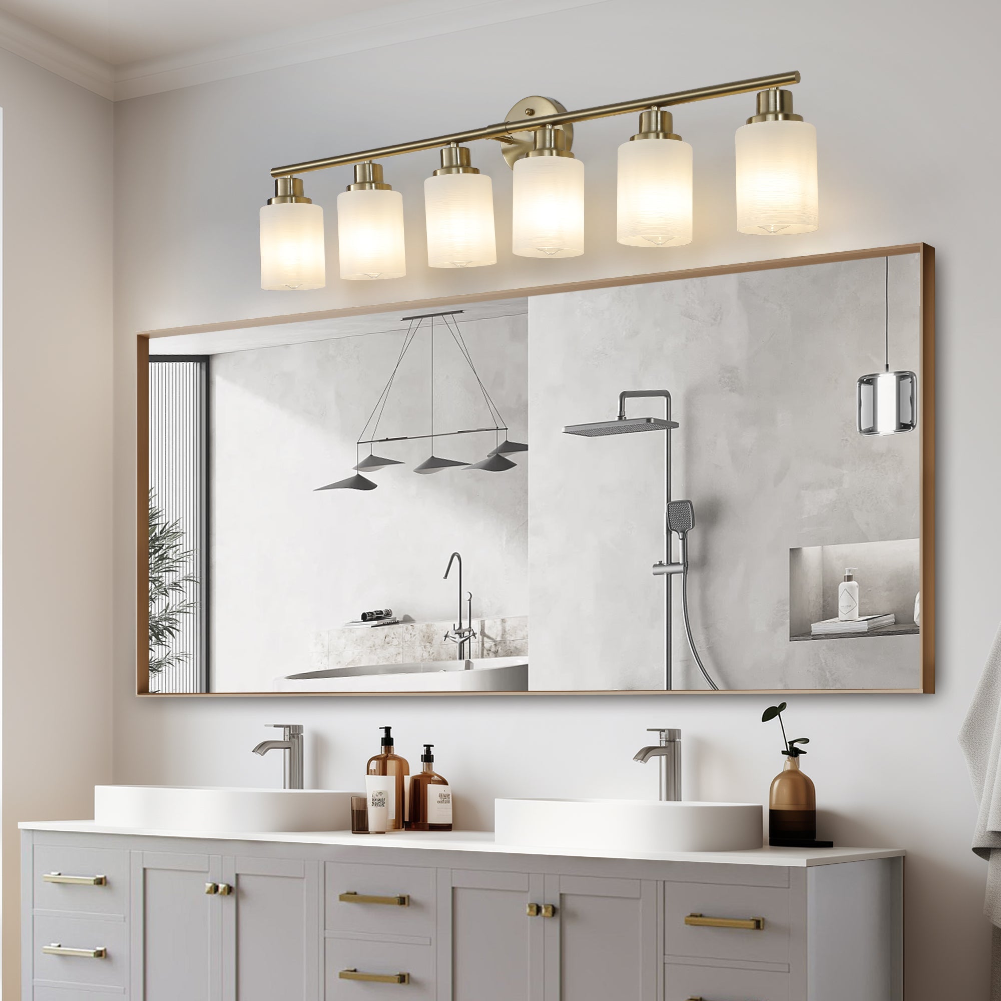 6-Light Golden Bathroom Vanity Light Fixture, Frosted Glass Shades,