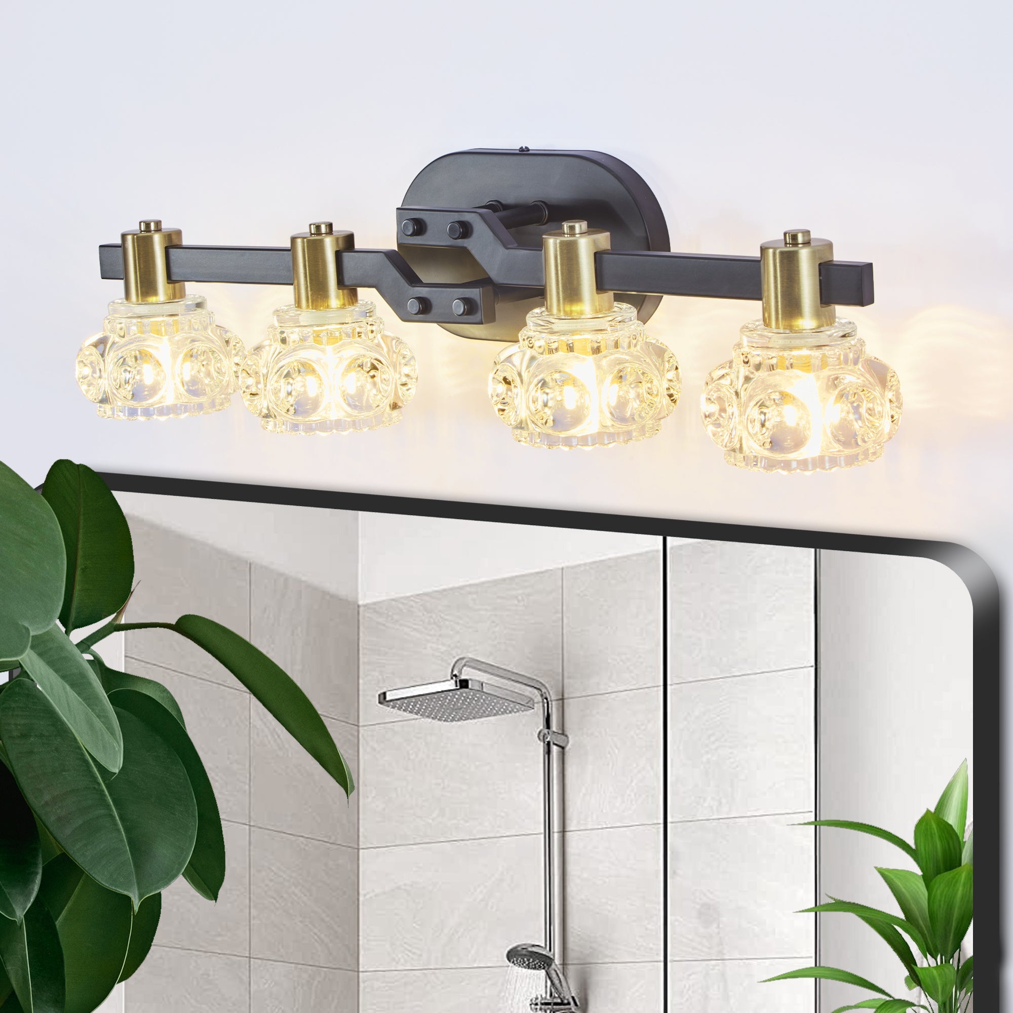 Vintage 4-Light Wall Sconce with Clear Crystal Shades, Black Iron
