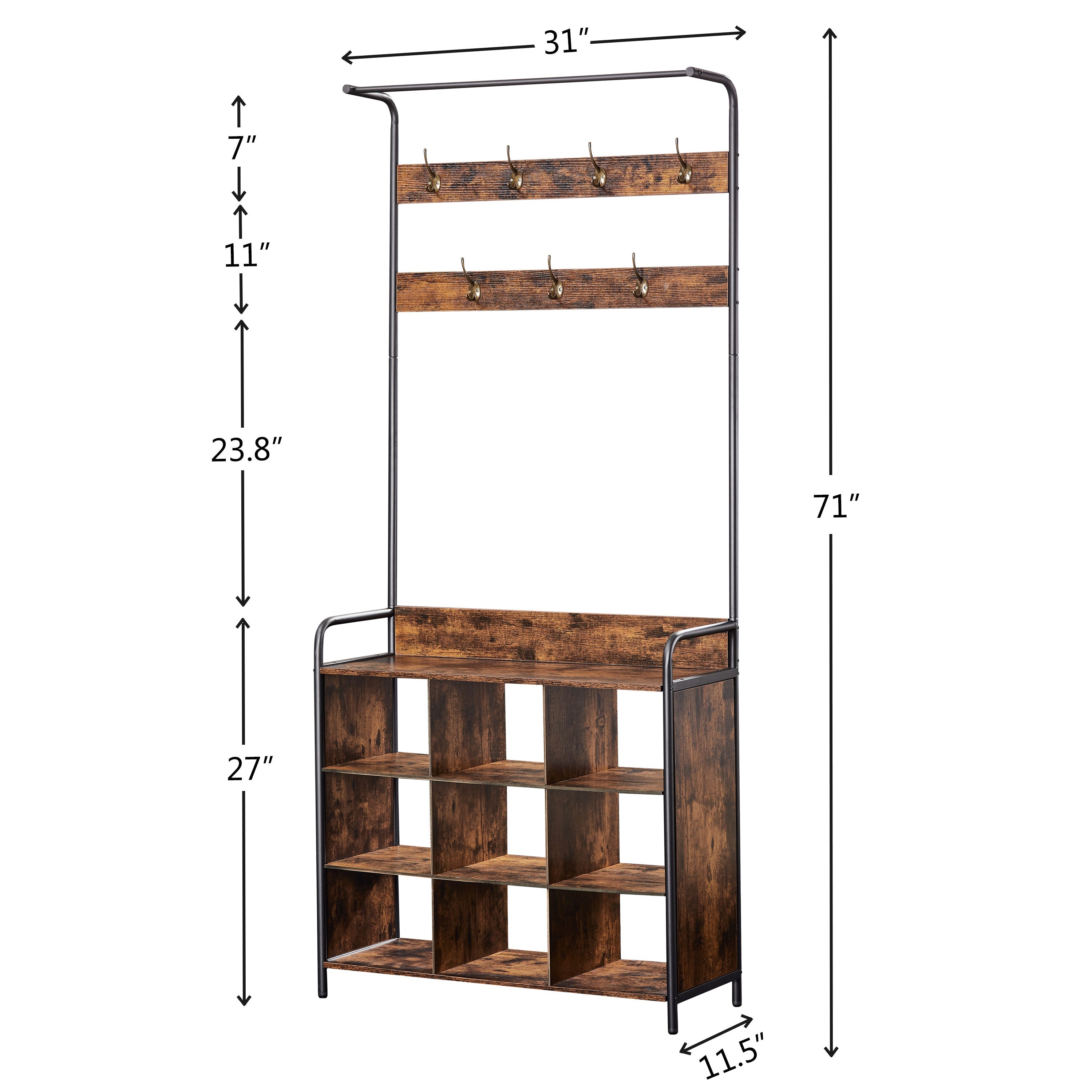 Coat Rack, Hall Tree with Shoe Rack for Entryway, 3-in-1 Entryway Coat