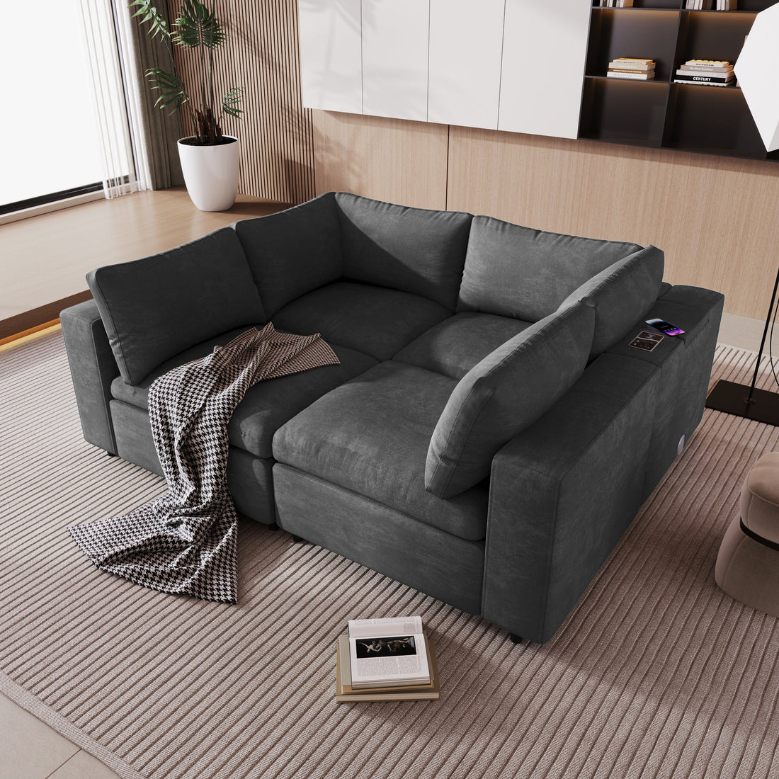 Upholstered Modular Sofa with with Storage Space, USB Charge