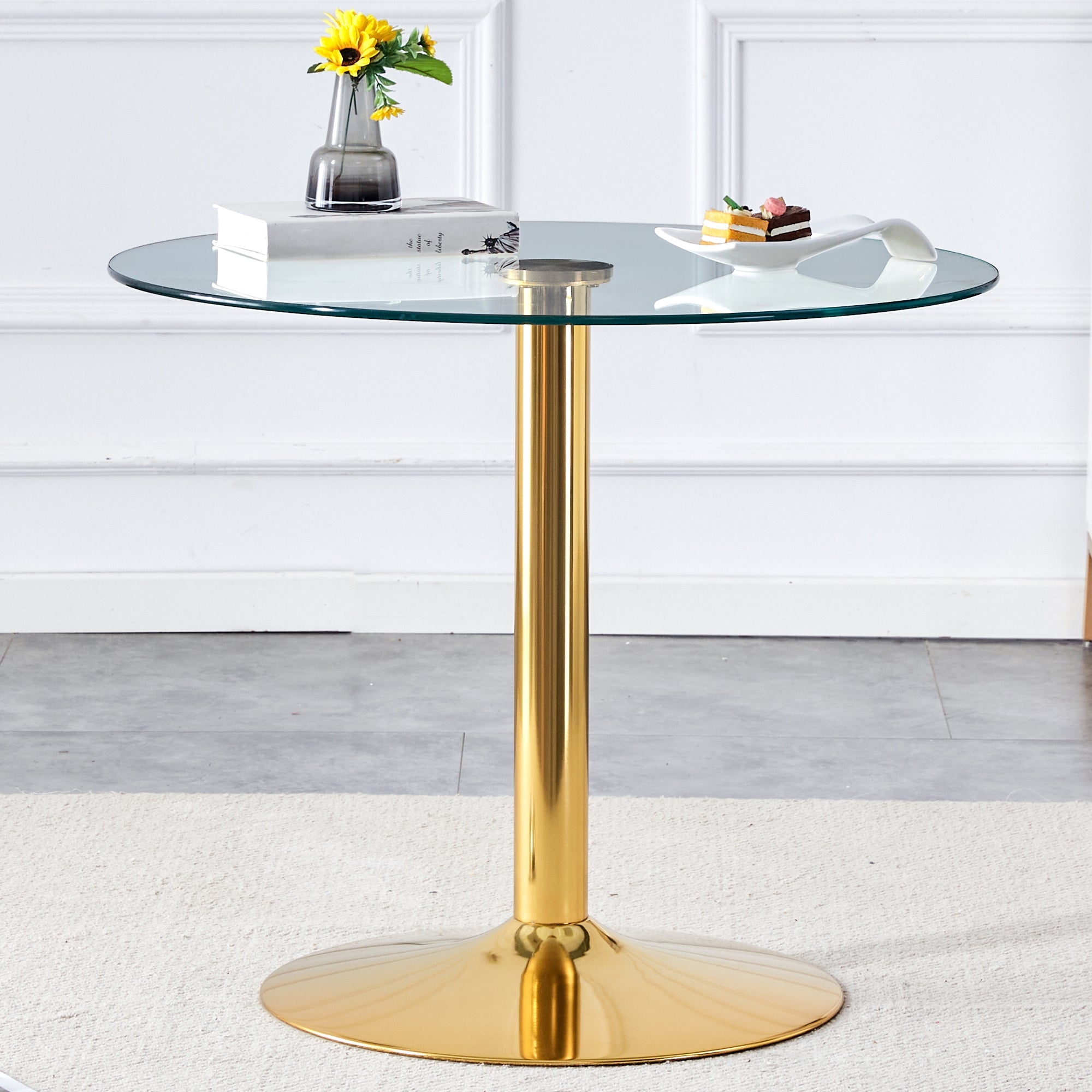 A 35-inch diameter glass top and a modern, minimalist round dining