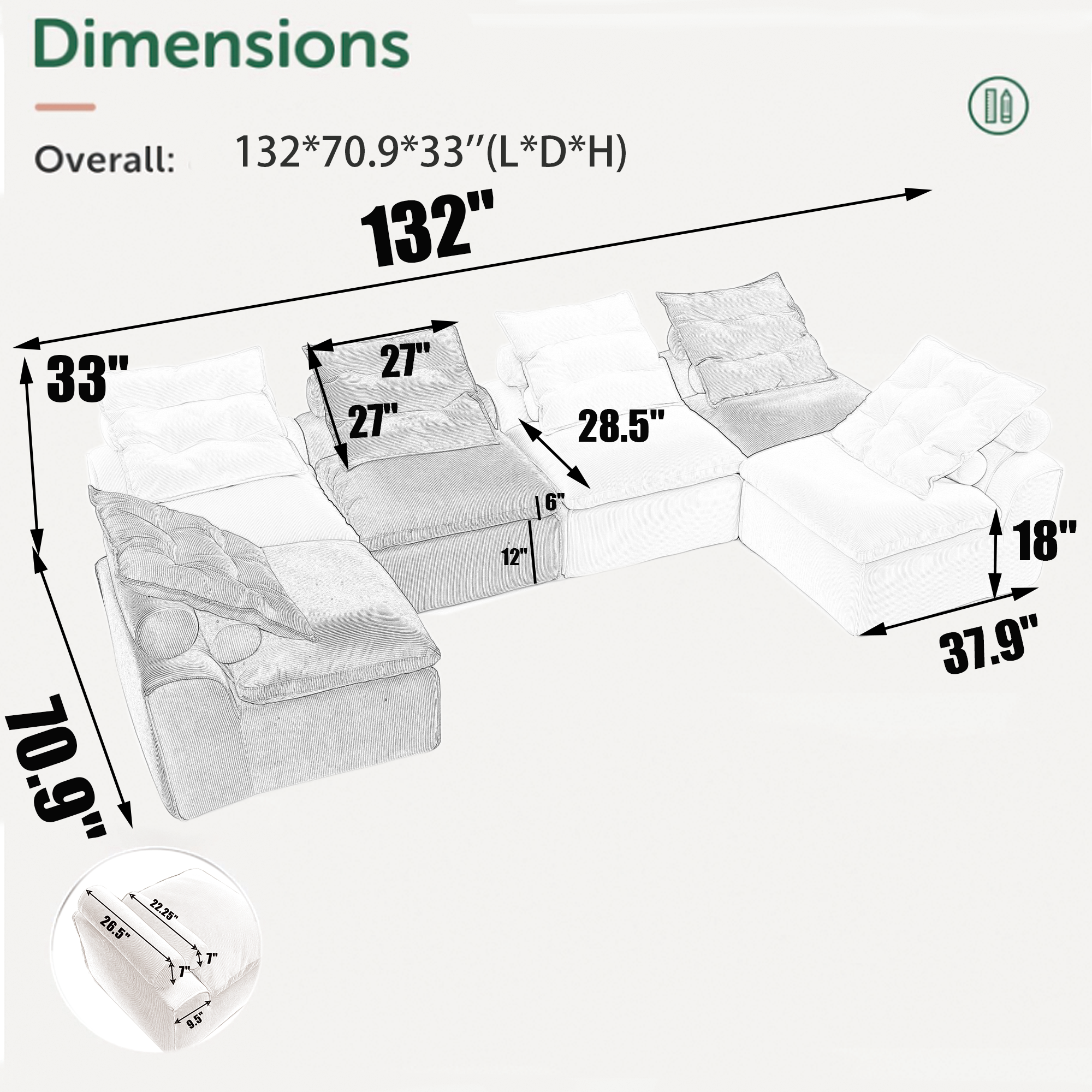 Modular Sofa,No Armrests,At will DIY,Corduroy ,Neck Pillow-Back Lounge