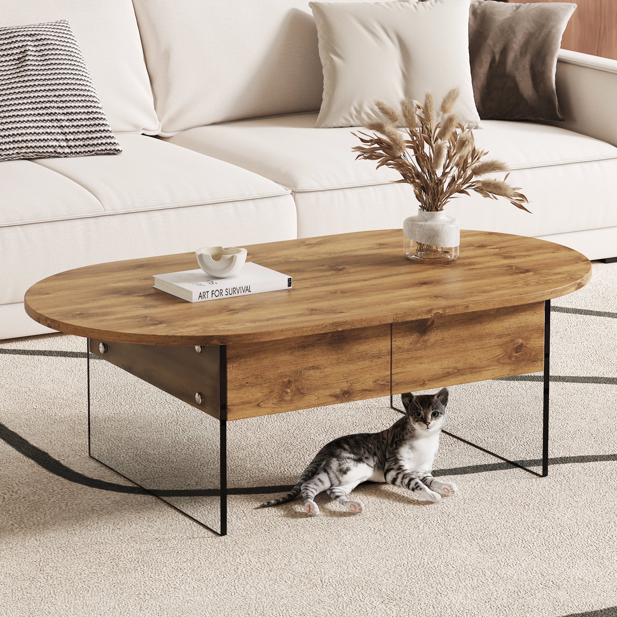 Cozy Natural Oval Double Drawer Coffee Table - 43.3&