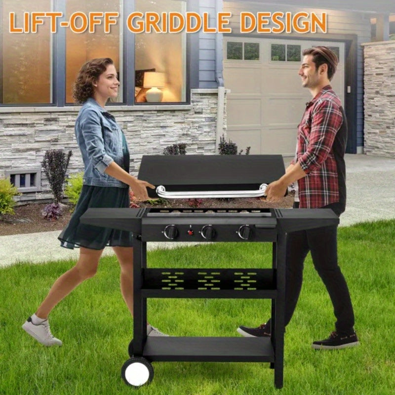 3-Burner Flat Top Gas Griddle with Ceramic Coated Cast Iron Pan