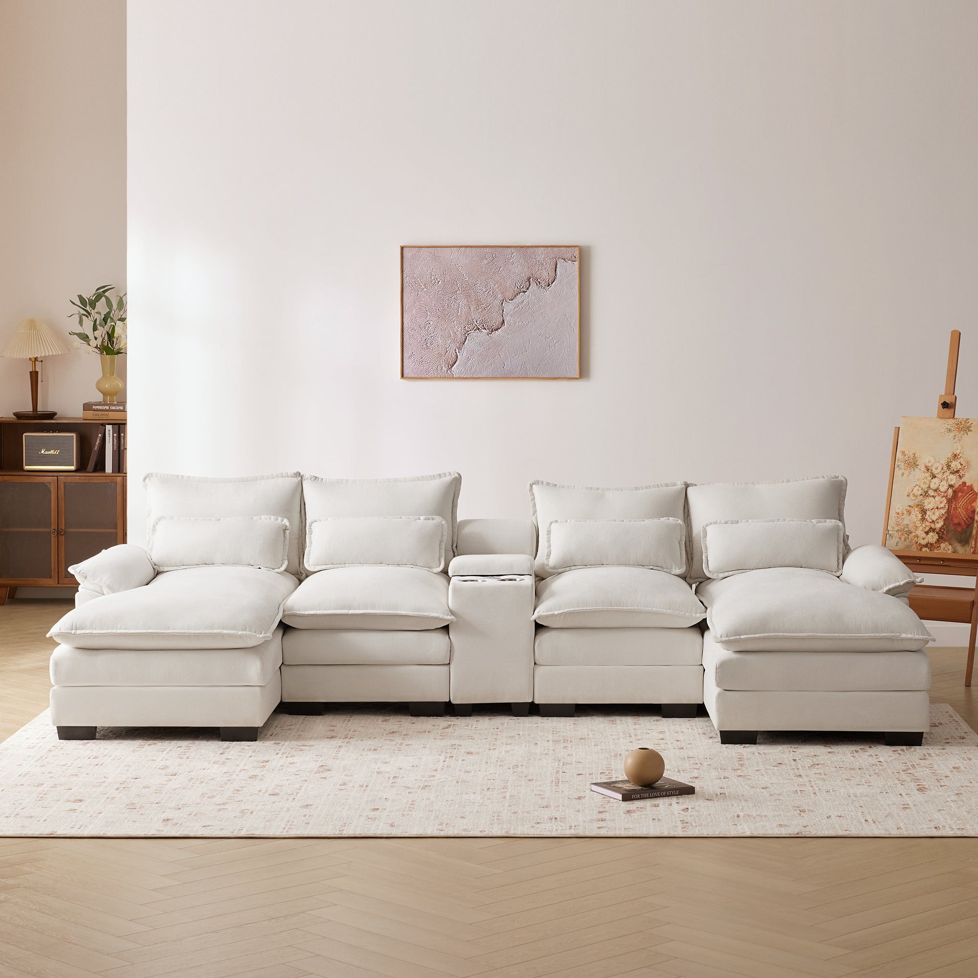 123*55" Modern U-shaped Sofa with Console,Cupholders and USB