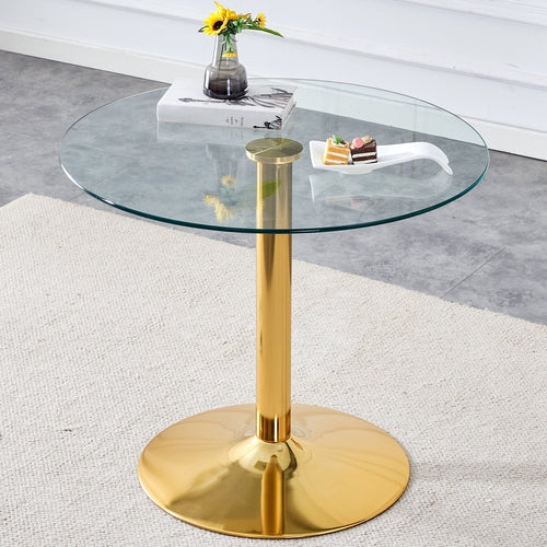 A 35-inch diameter glass top and a modern, minimalist round dining