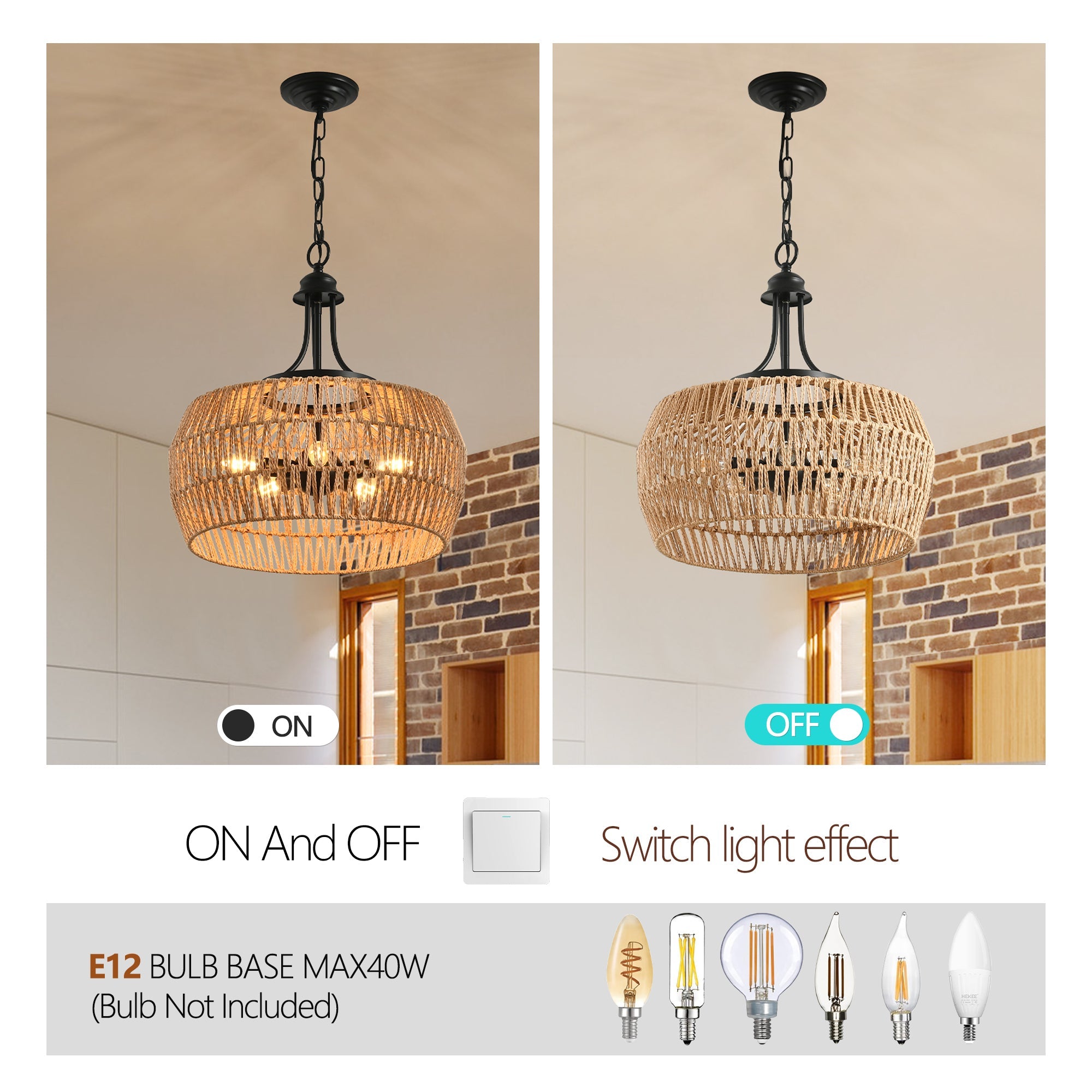 Boho Hemp Rope Pendant Light, Hand-Woven Jute Hanging Lamp with