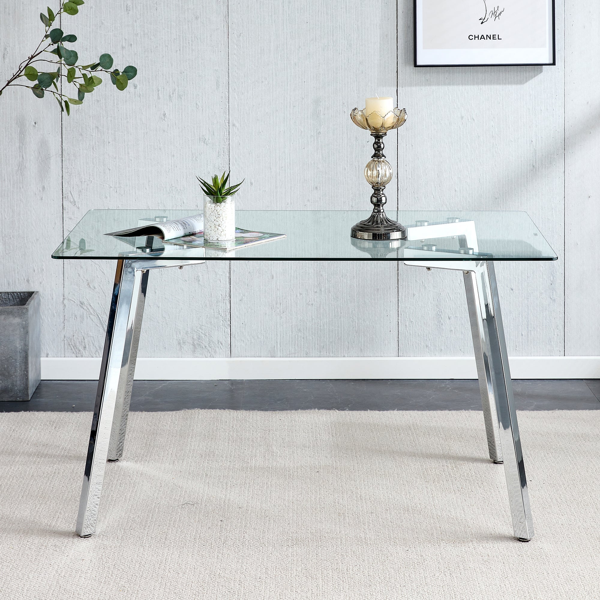 Glass Dining Table Modern Minimalist Rectangular for 4-6 with 0.31&