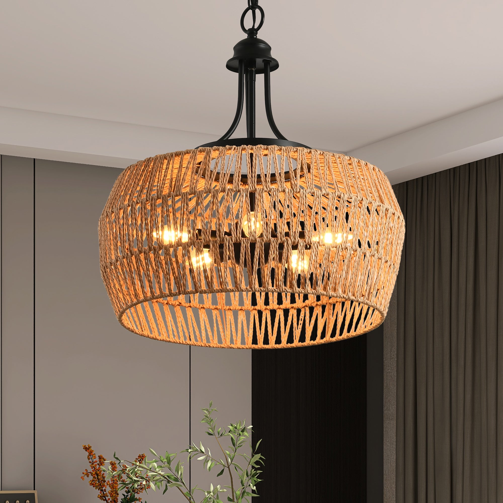 Boho Hemp Rope Pendant Light, Hand-Woven Jute Hanging Lamp with