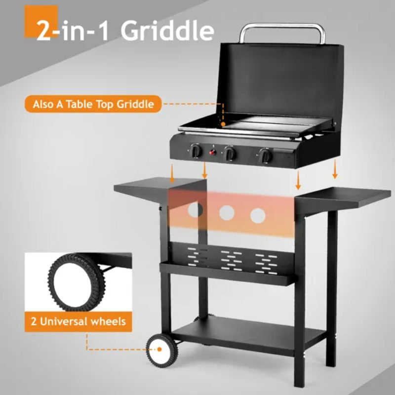 3-Burner Flat Top Gas Griddle with Ceramic Coated Cast Iron Pan
