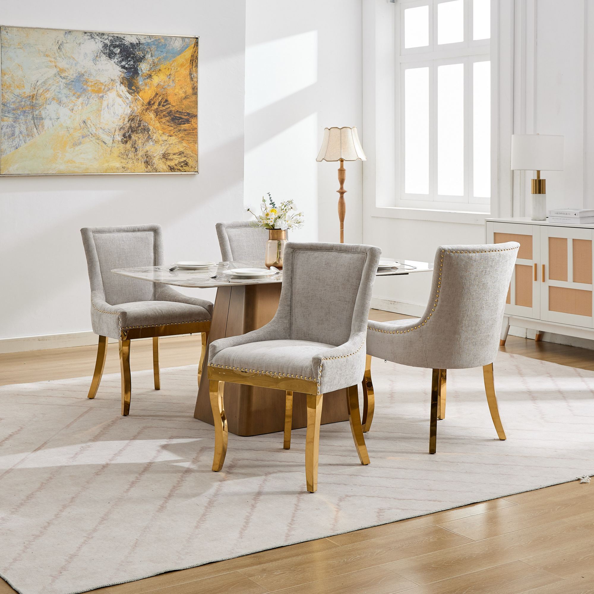 Chenille Dining Chairs, Modern Style with Curved Gold - Plated Legs &