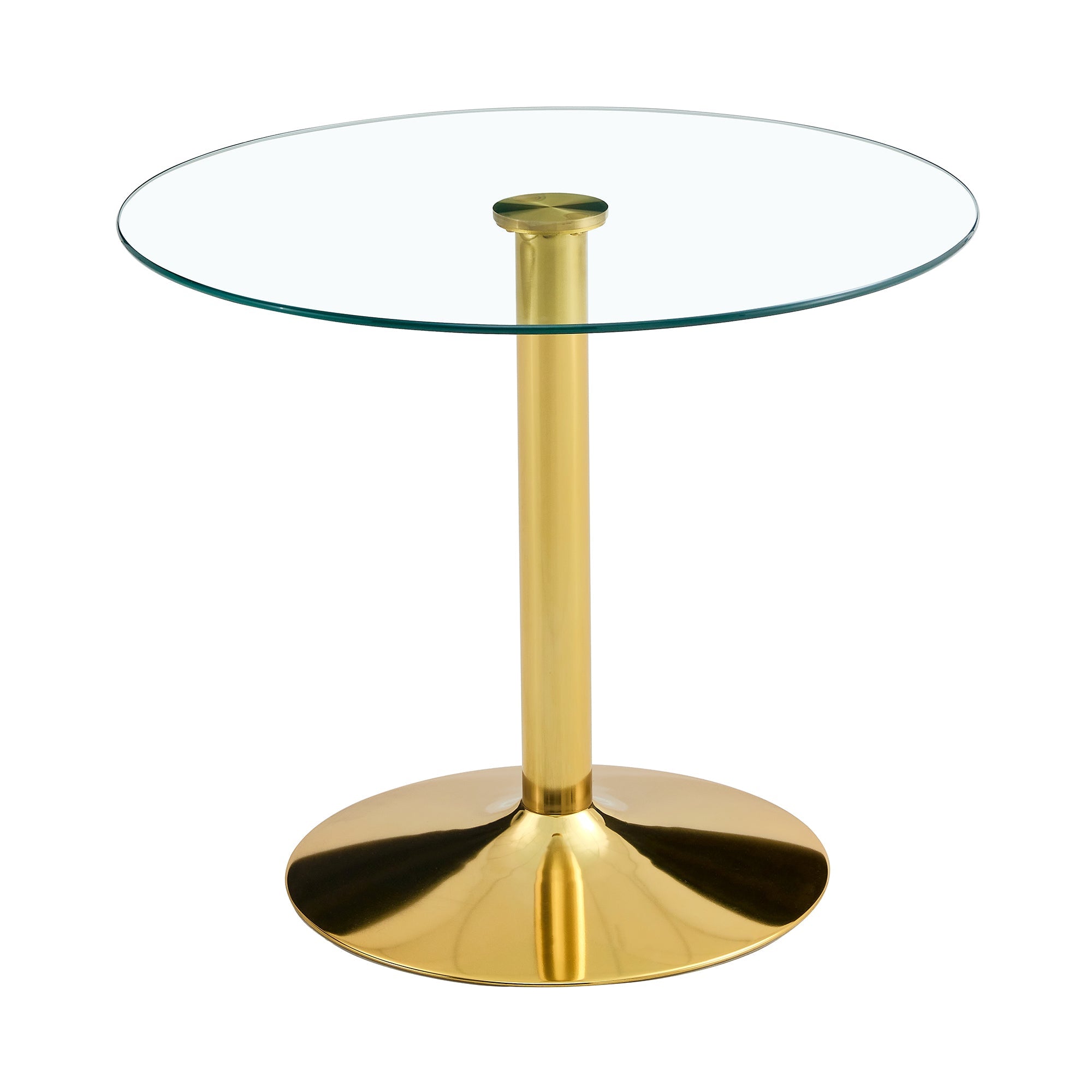 A 35-inch diameter glass top and a modern, minimalist round dining