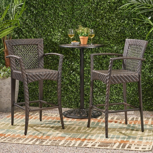 Outdoor PE rattan Barstools with Iron Frame (Set of 2), Multi Brown