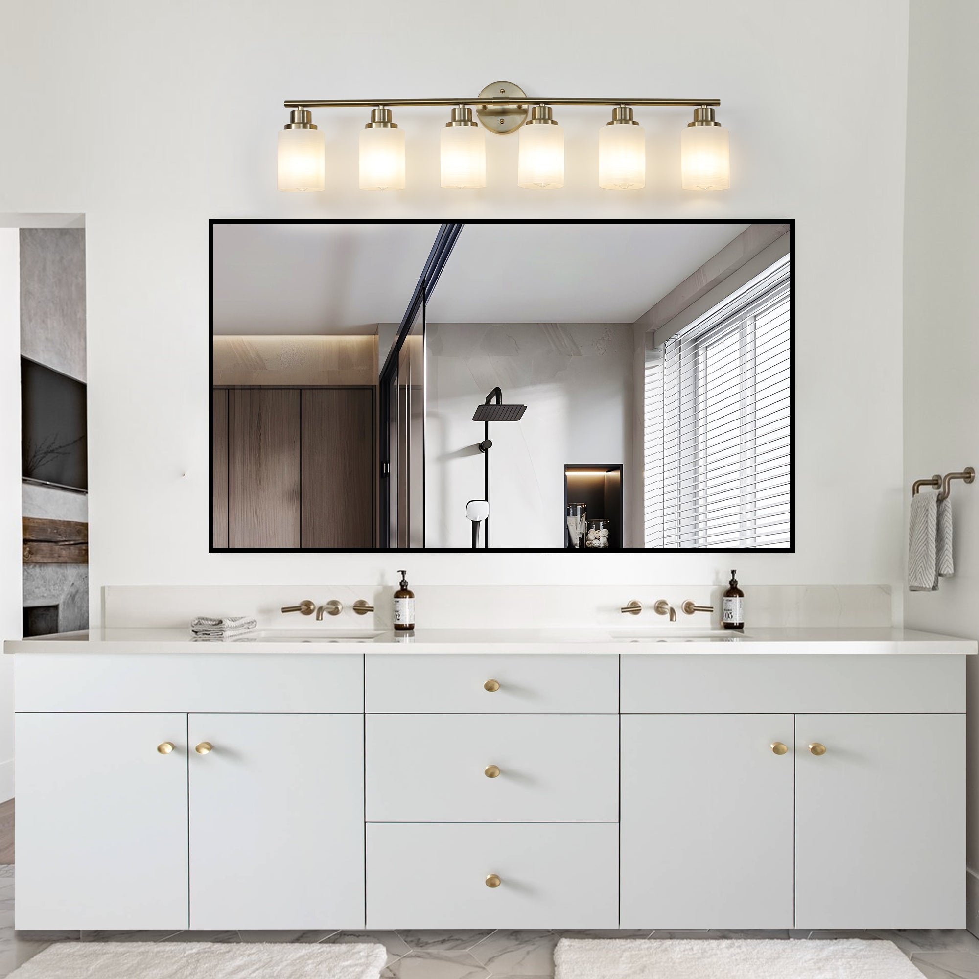 6-Light Golden Bathroom Vanity Light Fixture, Frosted Glass Shades,