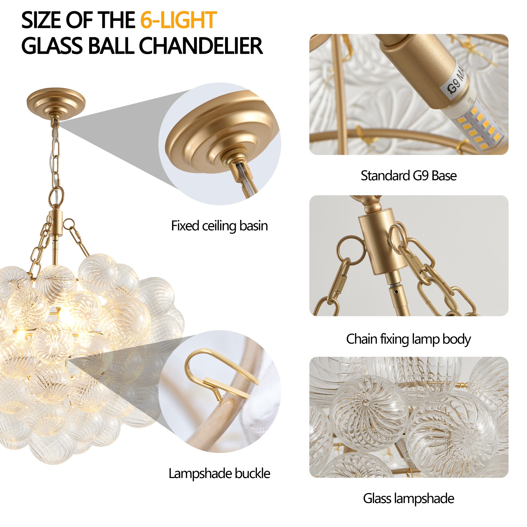23.6-Inch Gold Pendant Light Chandelier with Threaded Clear Glass