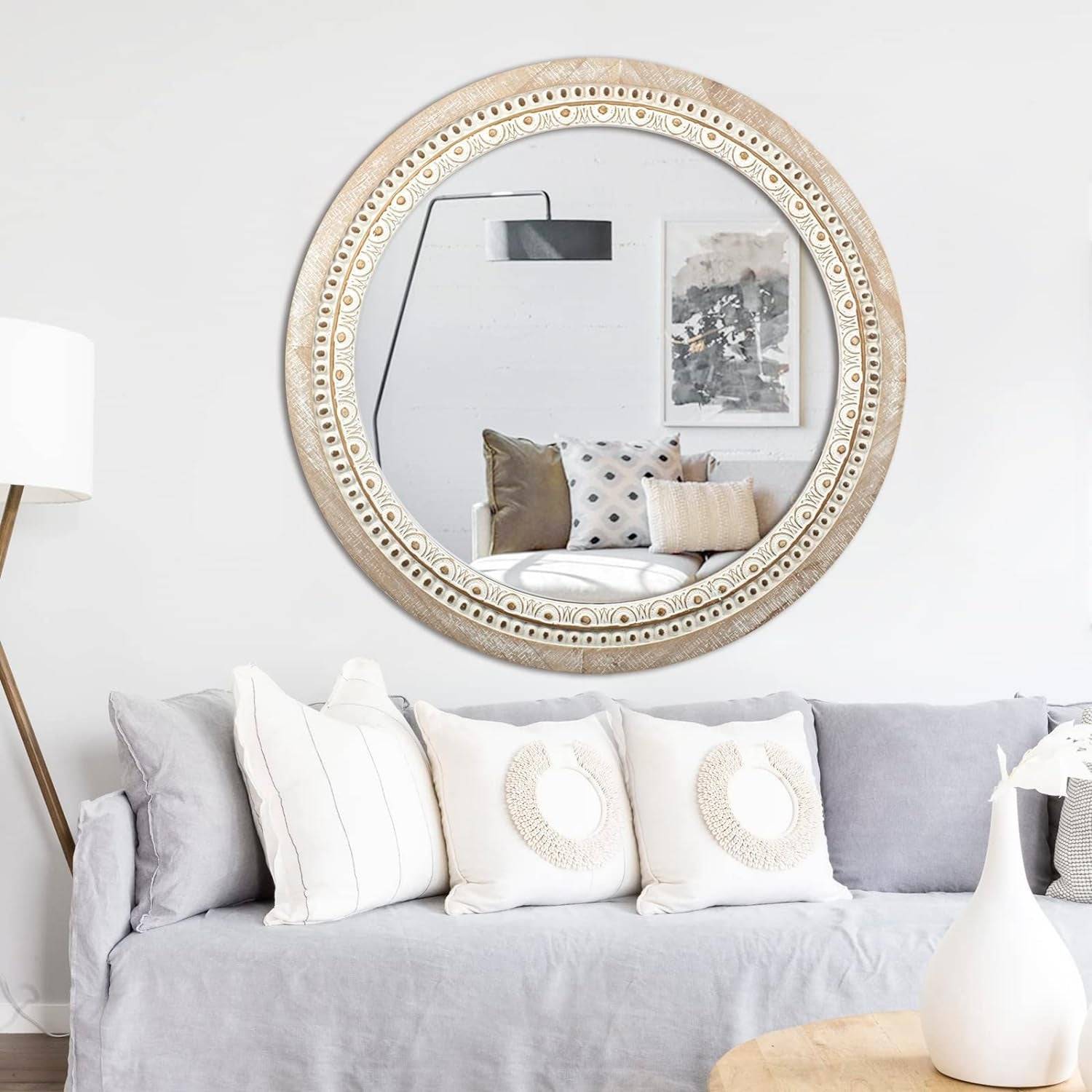 30-Inch Wooden Round Mirrors for Wall Decor, Farmhouse Rustic Large