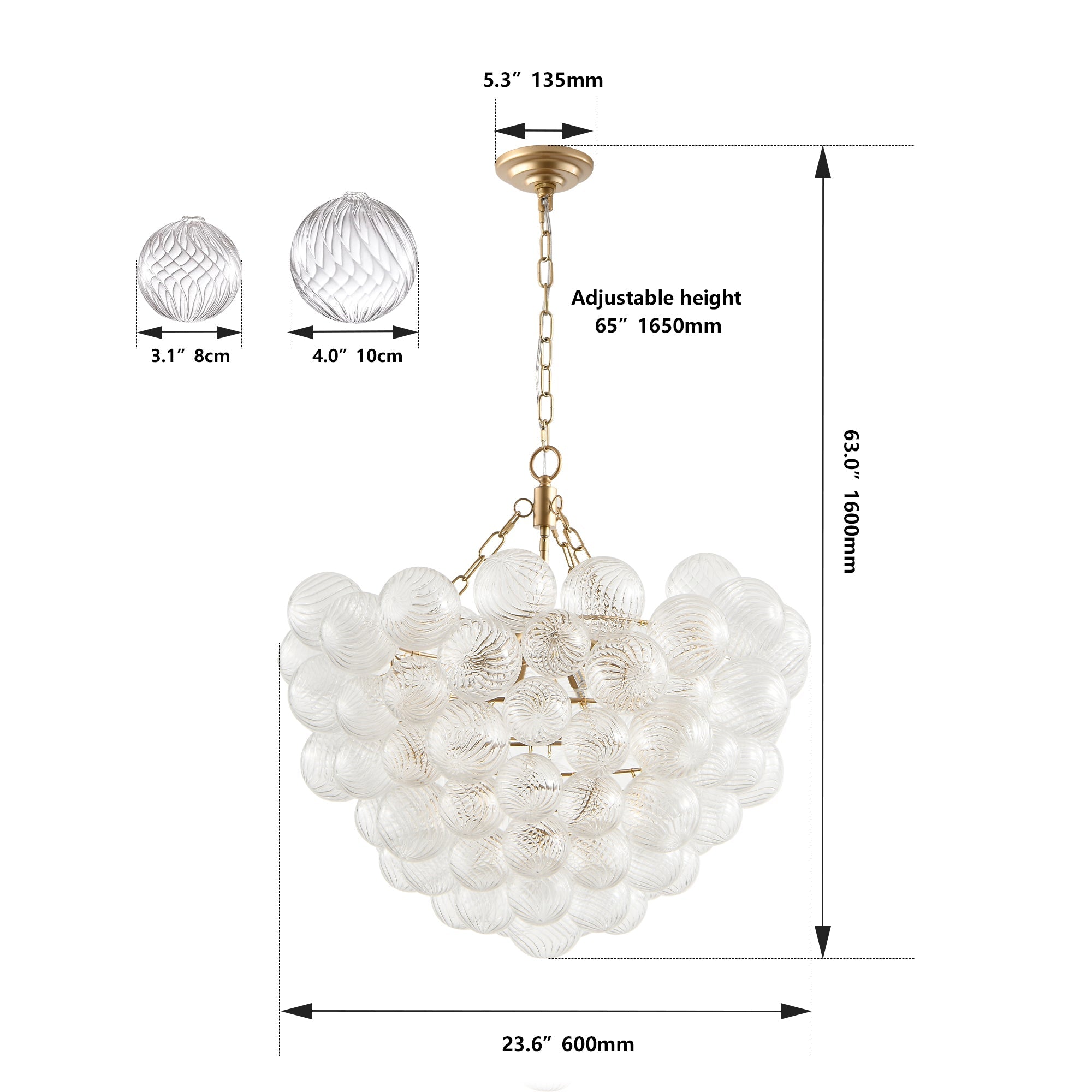 23.6-Inch Gold Pendant Light Chandelier with Threaded Clear Glass