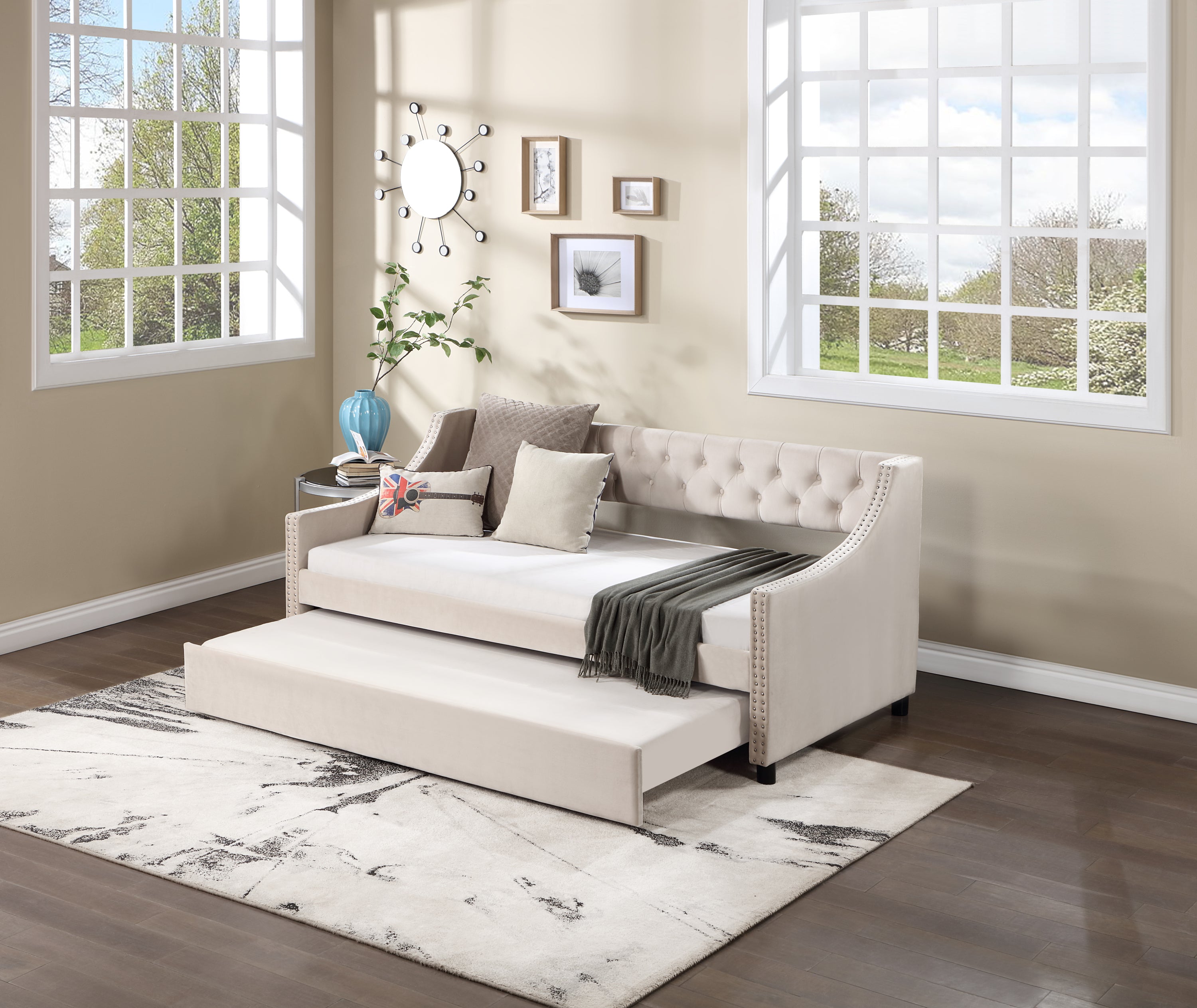 Daybed with Trundle Upholstered Tufted Sofa Bed, with Button and