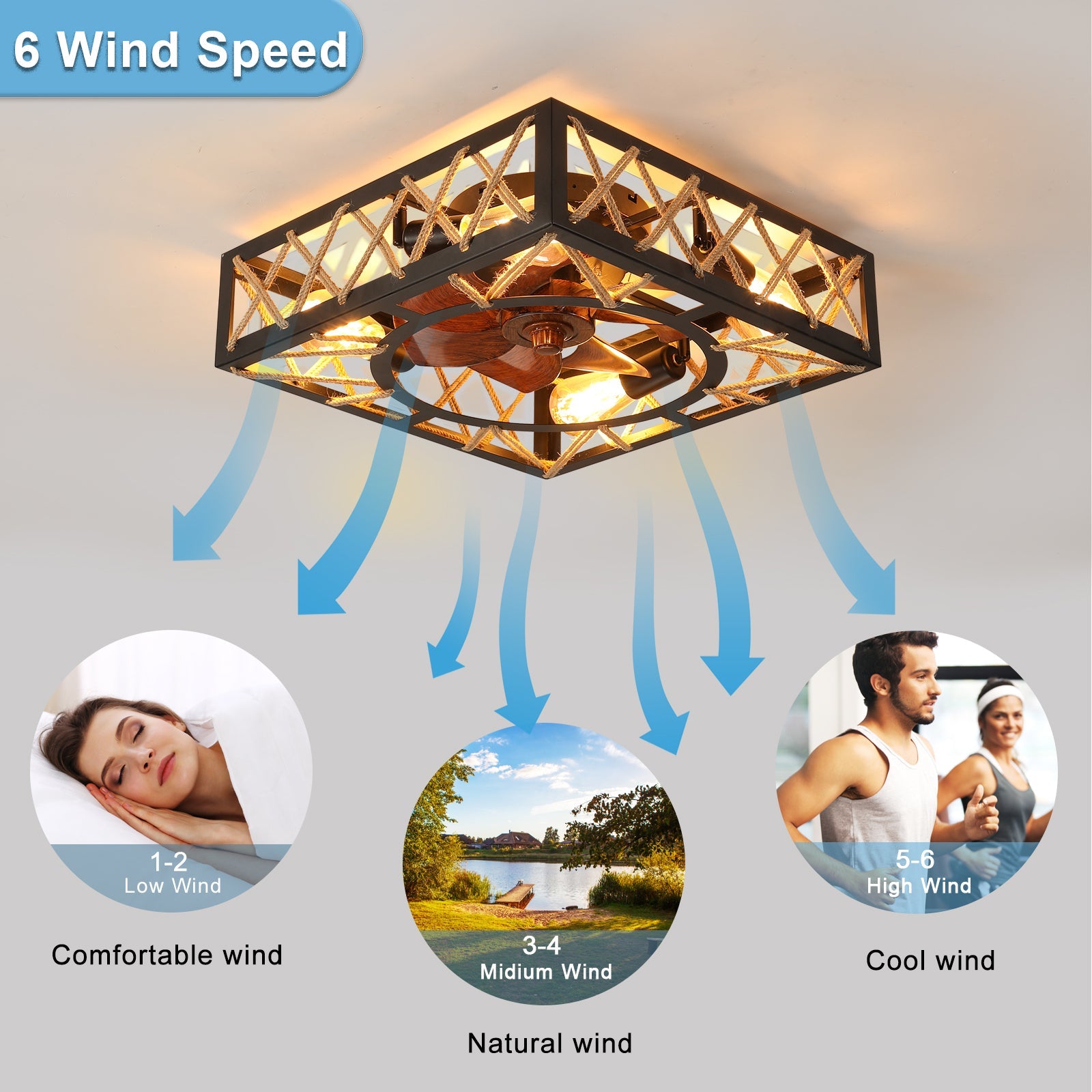 Farmhouse Rustic Ceiling Fan and Remote Control,Square Caged
