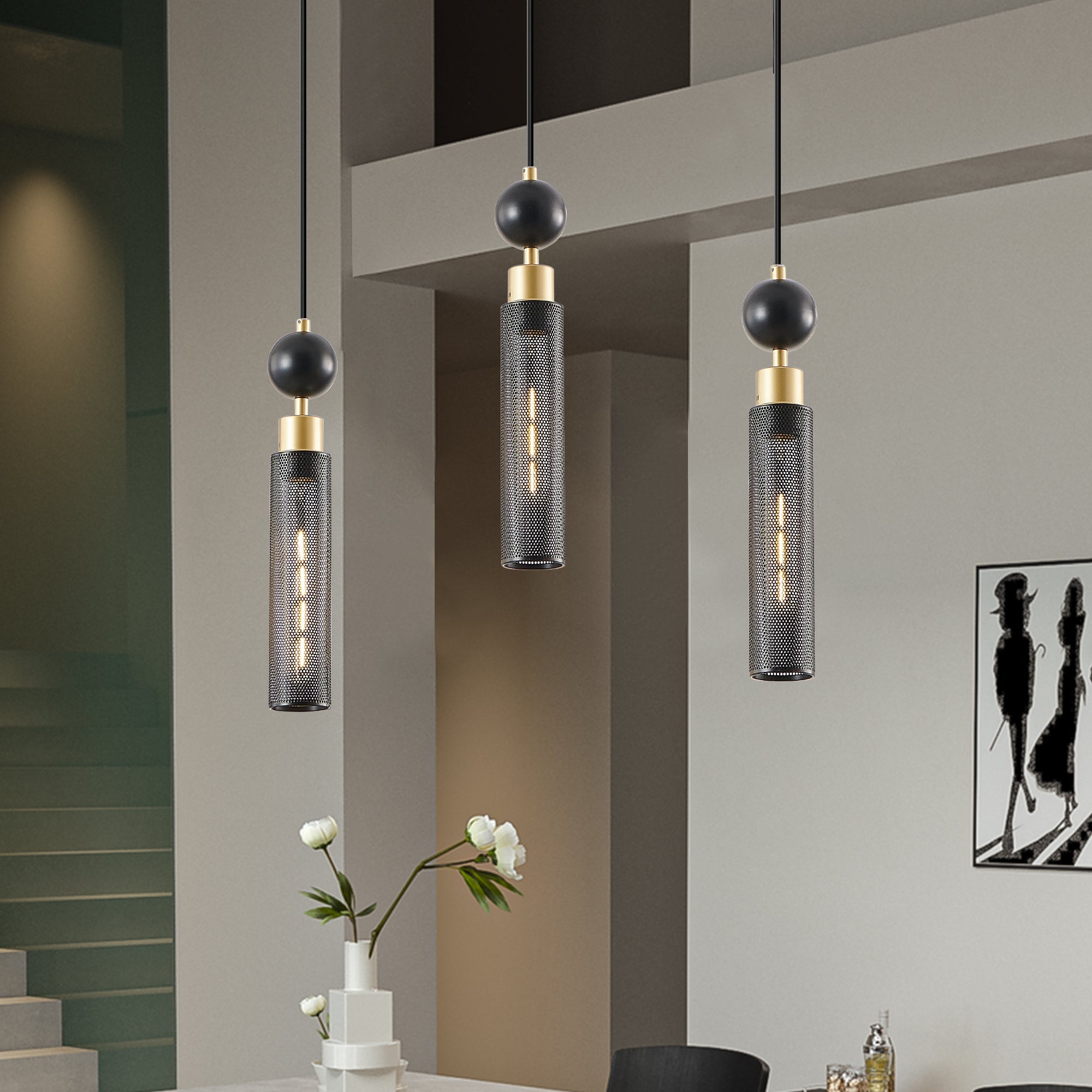 Modern Black and Gold 3-Light Pendant Chandelier, Adjustable Hanging