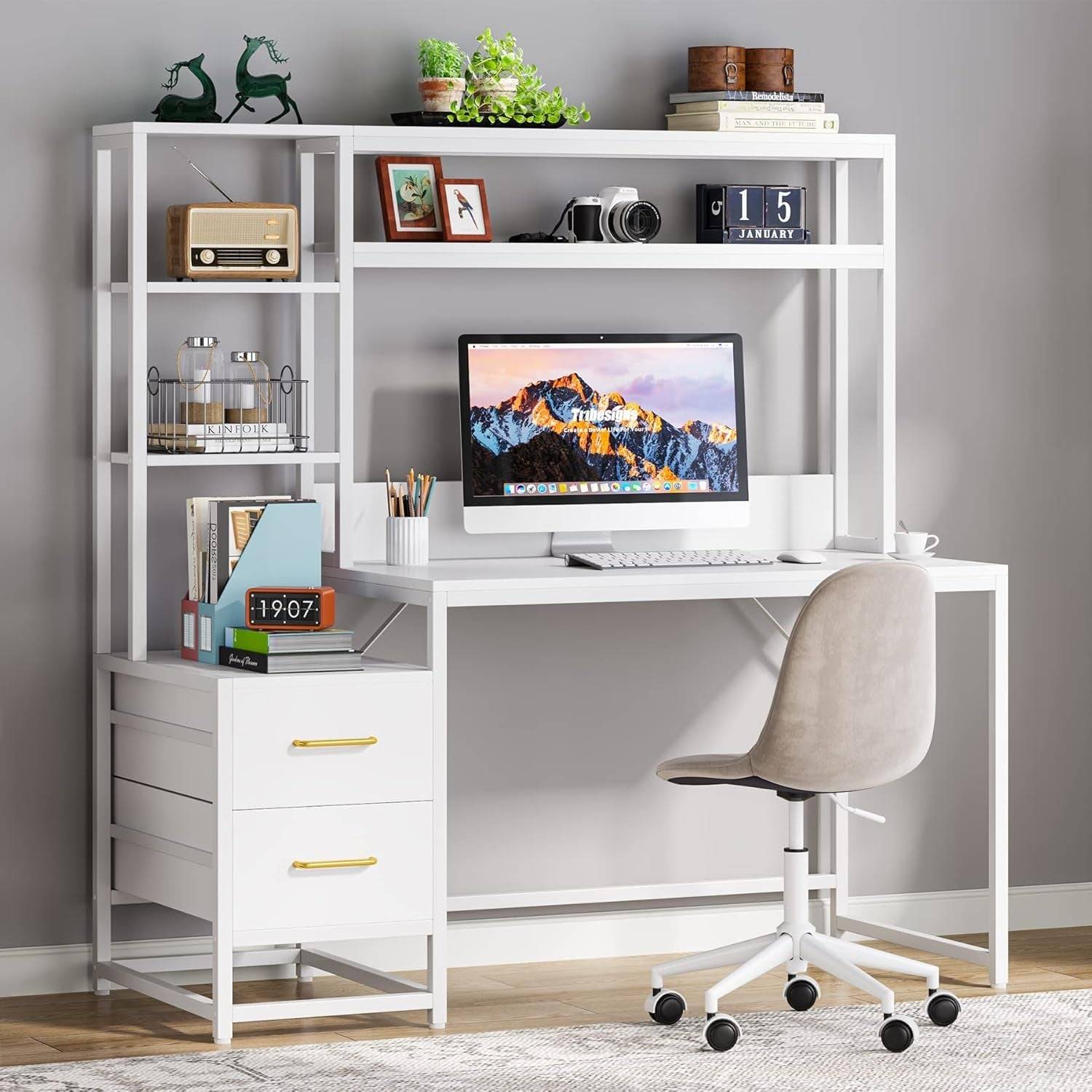 55 Inch Computer Desk with 2 Drawers and Storage Shelves, Rustic